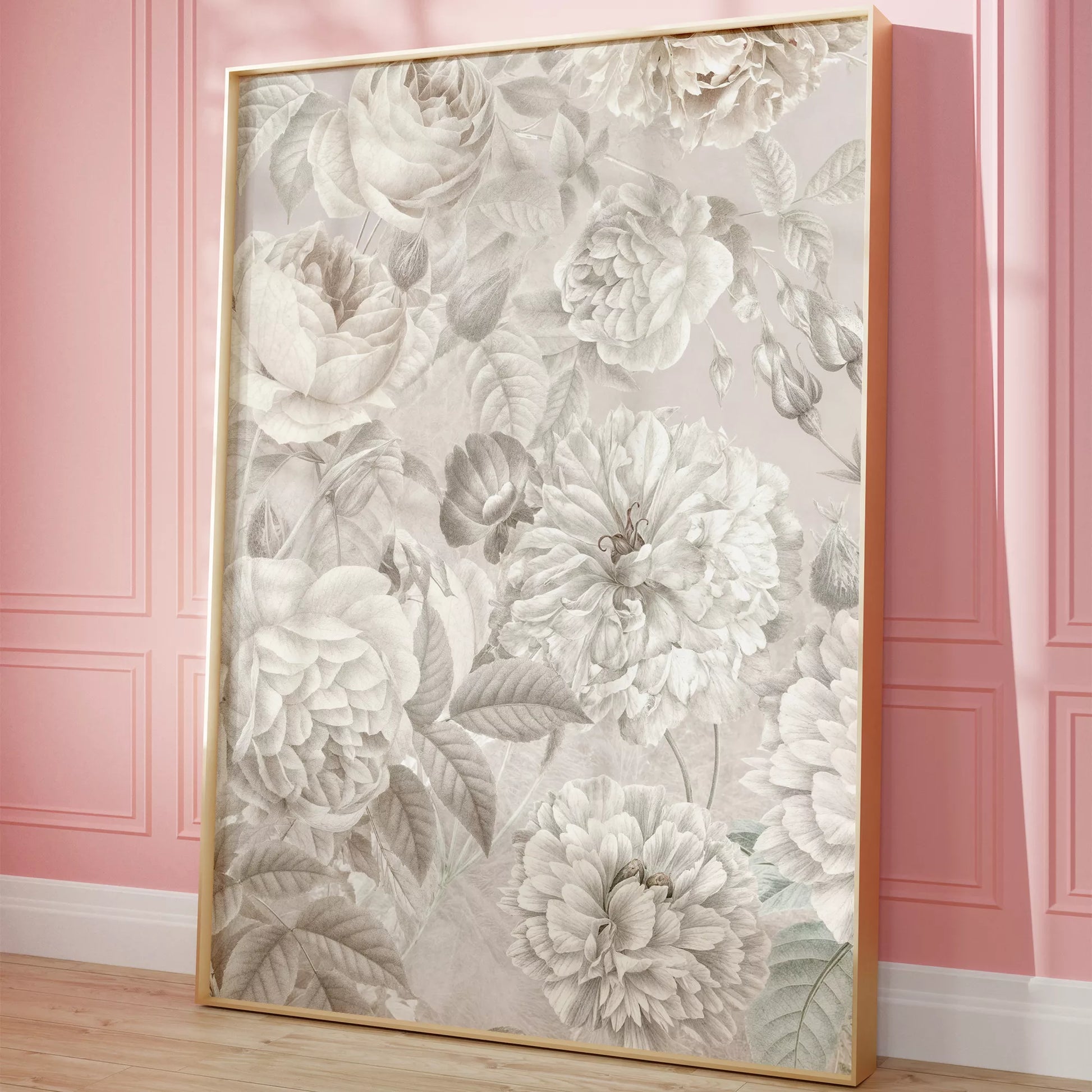 優雅な白バラの花柄アート、グレー背景の繊細なボタニカルデザイン