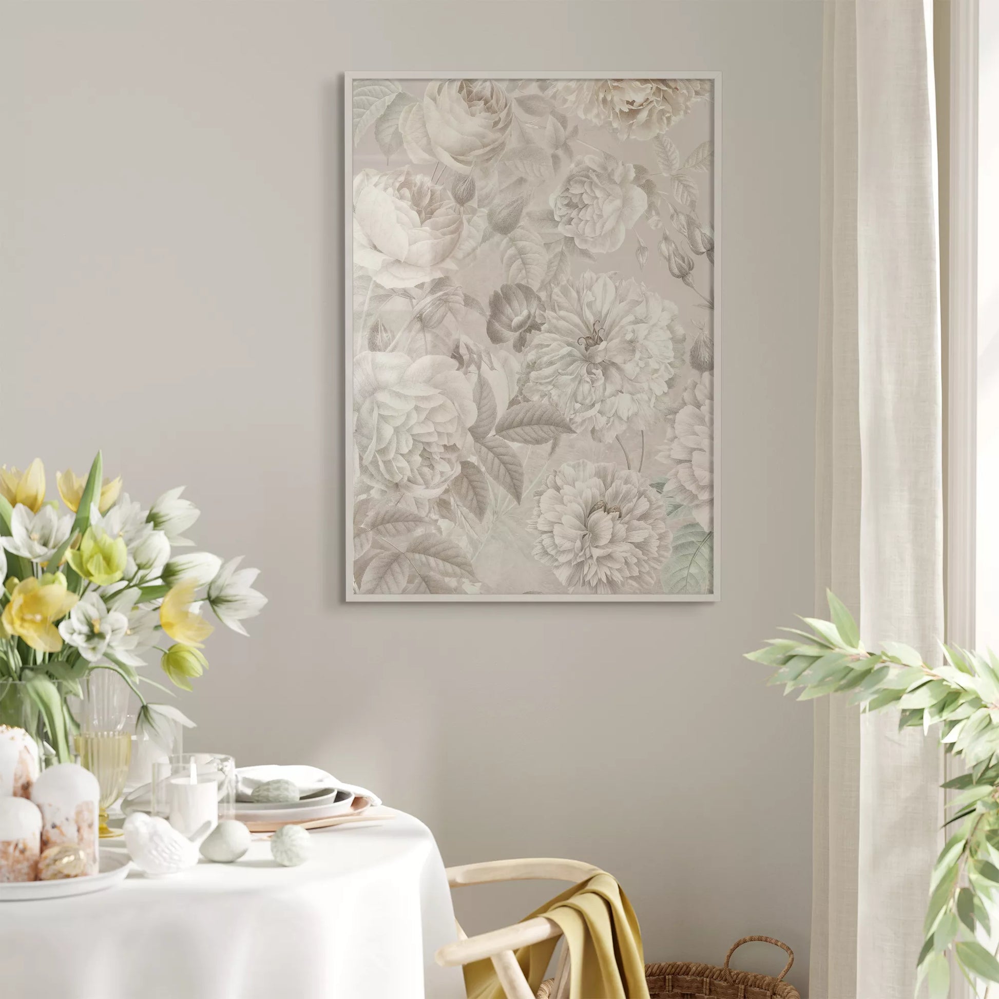 優雅な白バラの花柄アート、グレー背景の繊細なボタニカルデザイン