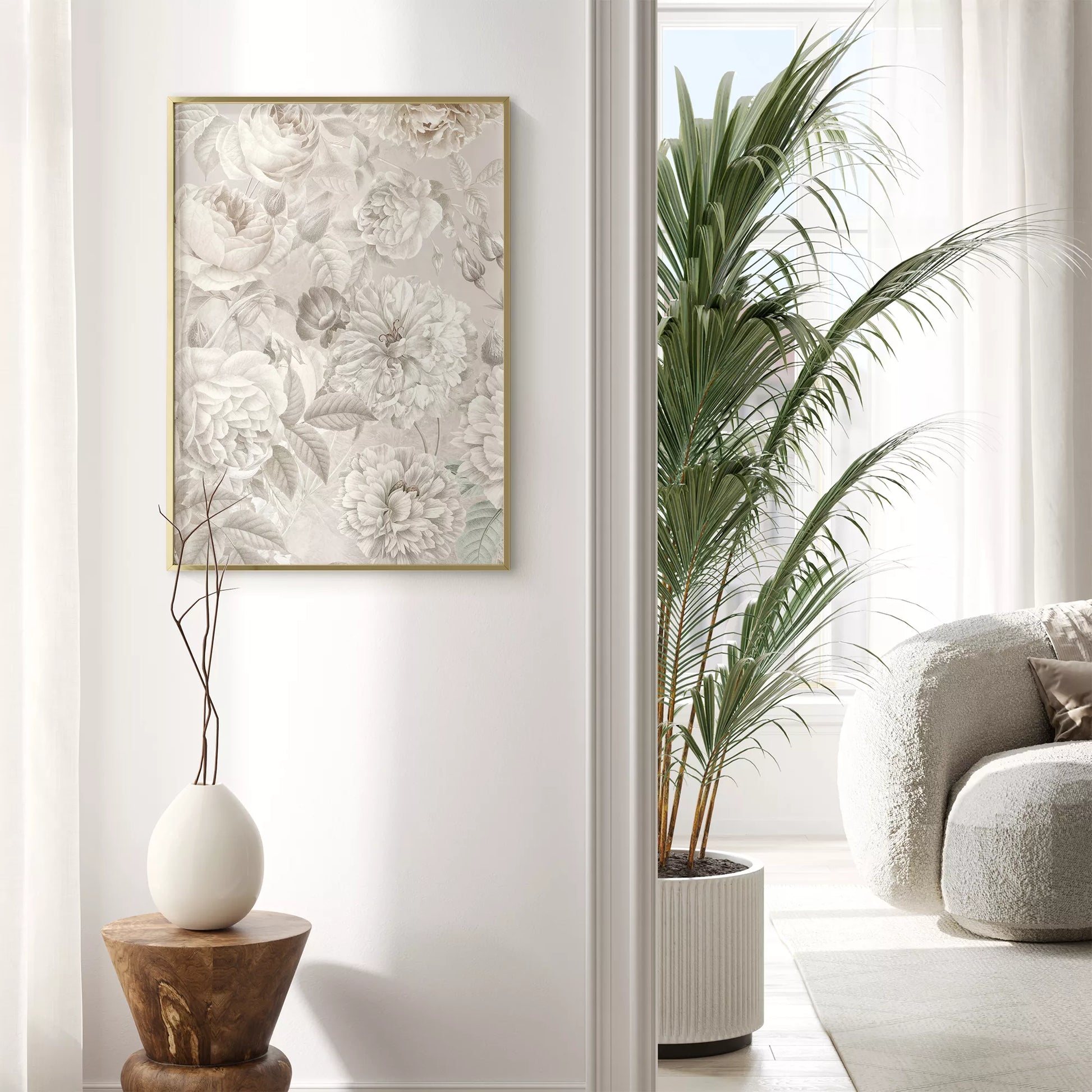 優雅な白バラの花柄アート、グレー背景の繊細なボタニカルデザイン