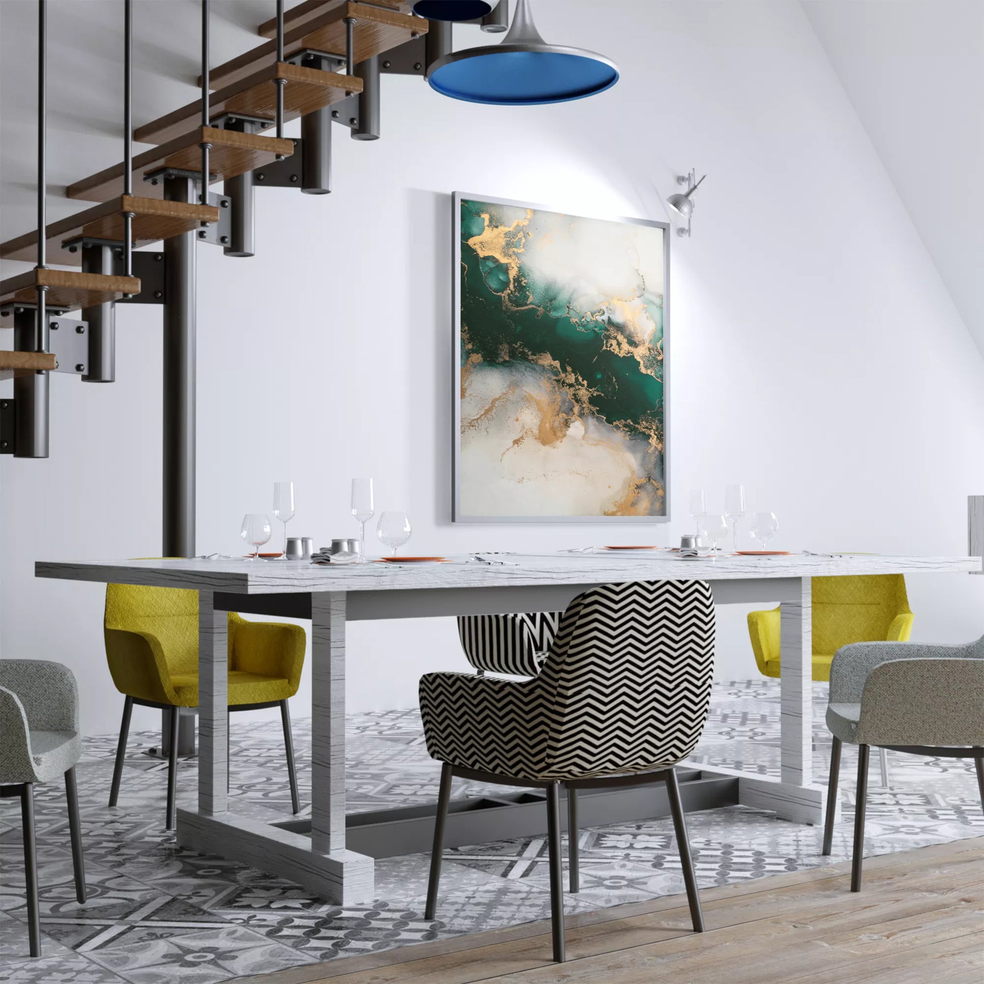 深い緑と金の大理石風抽象アート、モダンなインテリアデザイン