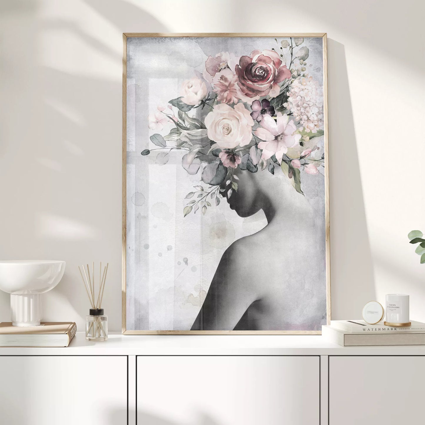 水彩画風の花とシルエットアートポスター