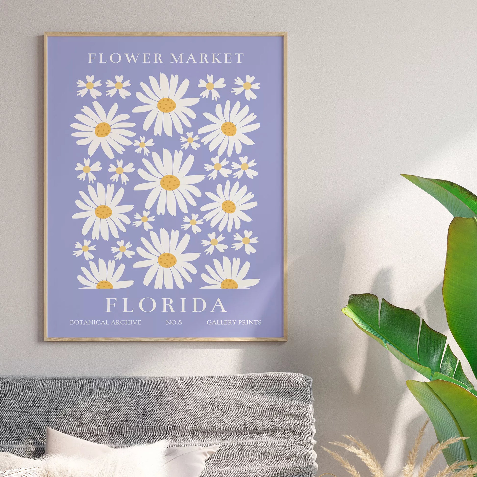 フロリダのデイジーマーケット植物アートポスター、パープル背景に白い花
