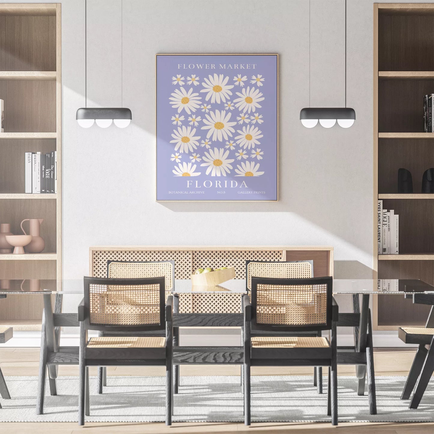 フロリダのデイジーマーケット植物アートポスター、パープル背景に白い花