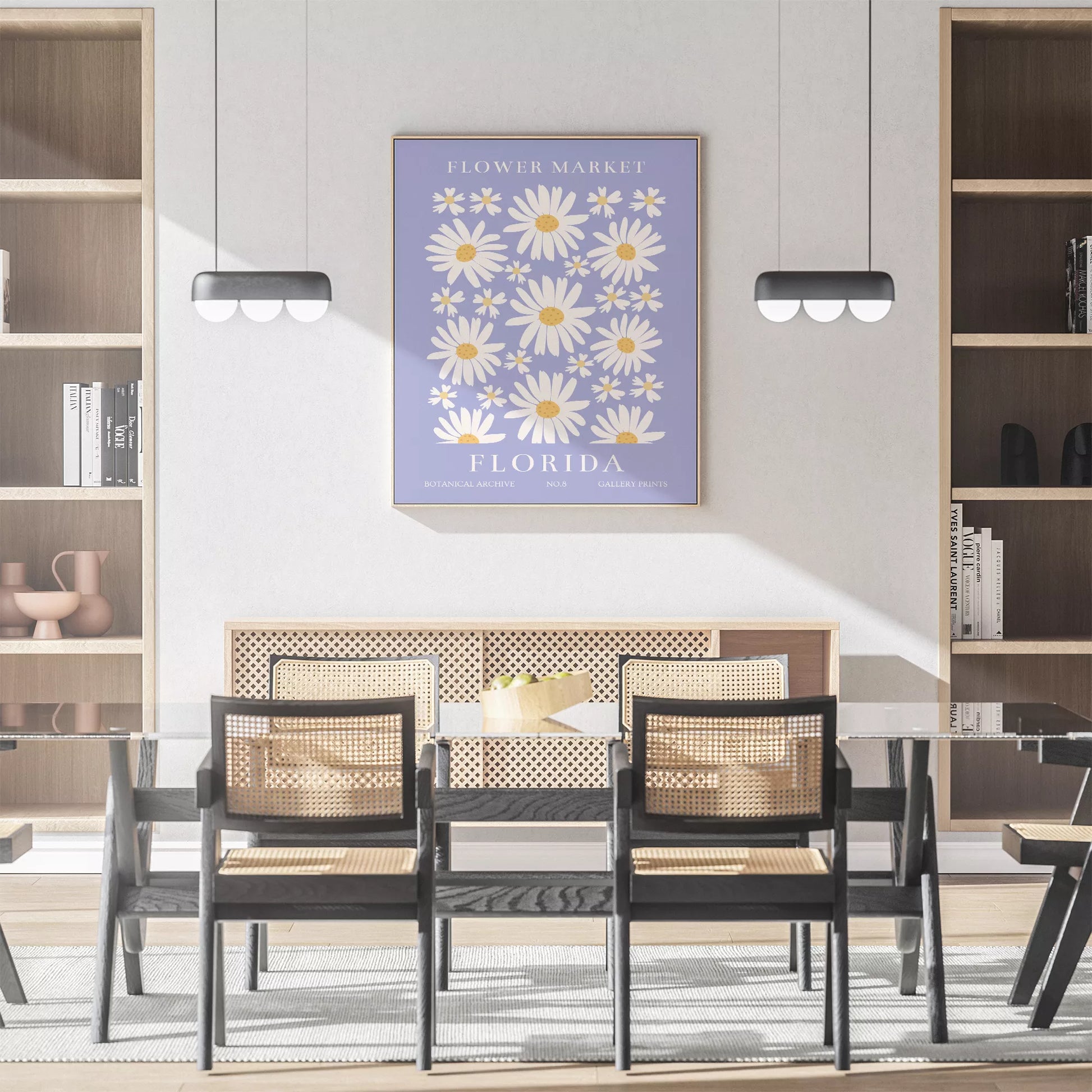 フロリダのデイジーマーケット植物アートポスター、パープル背景に白い花