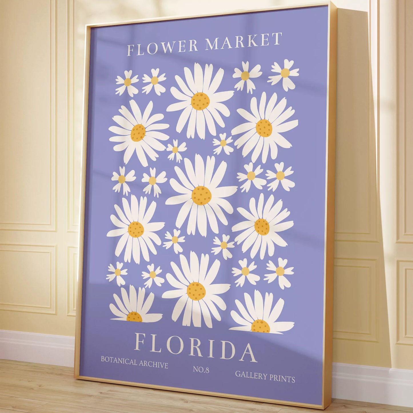 フロリダのデイジーマーケット植物アートポスター、パープル背景に白い花