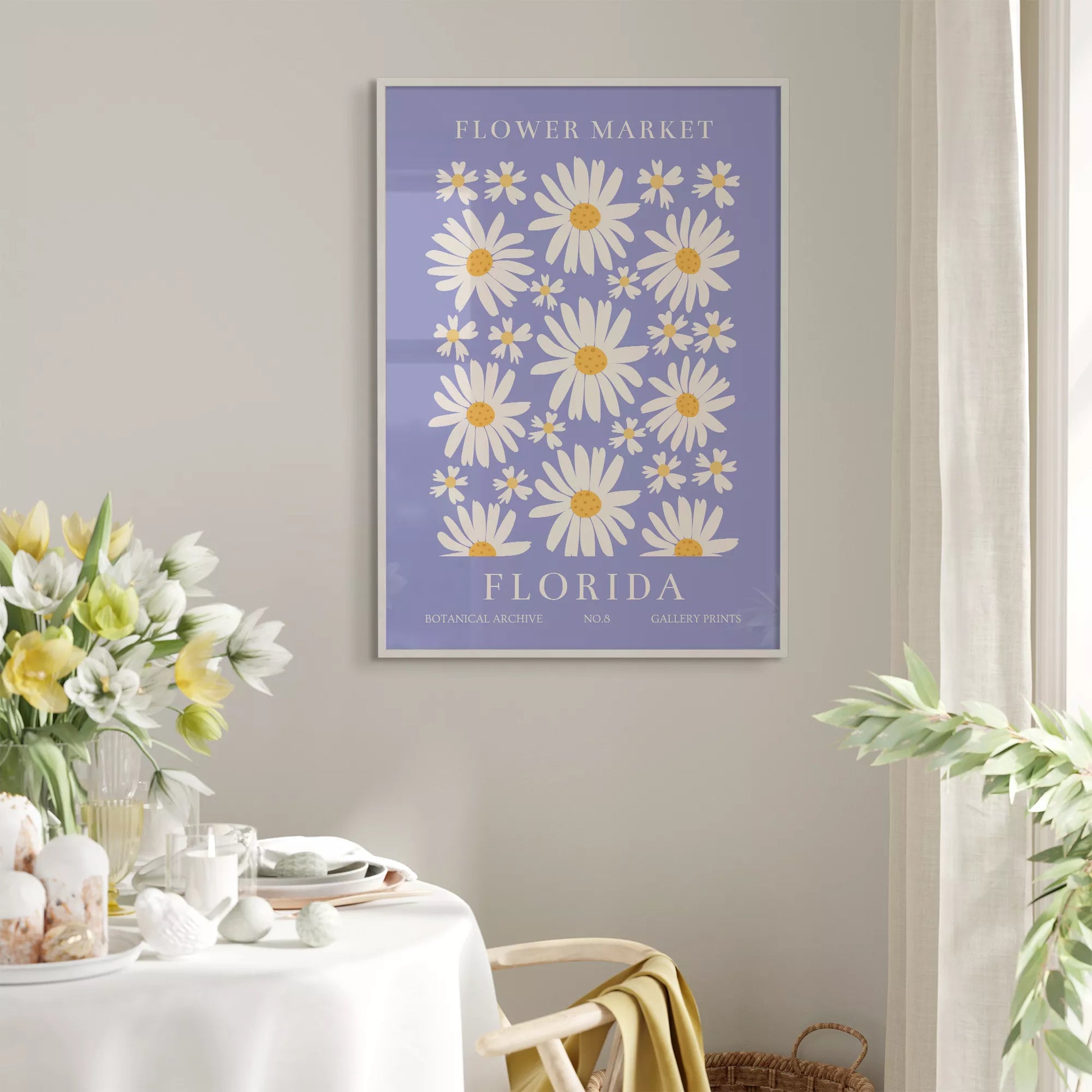 フロリダのデイジーマーケット植物アートポスター、パープル背景に白い花