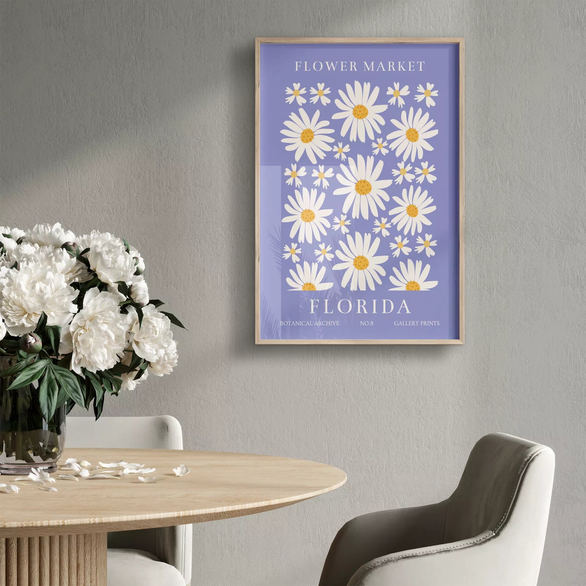 フロリダのデイジーマーケット植物アートポスター、パープル背景に白い花