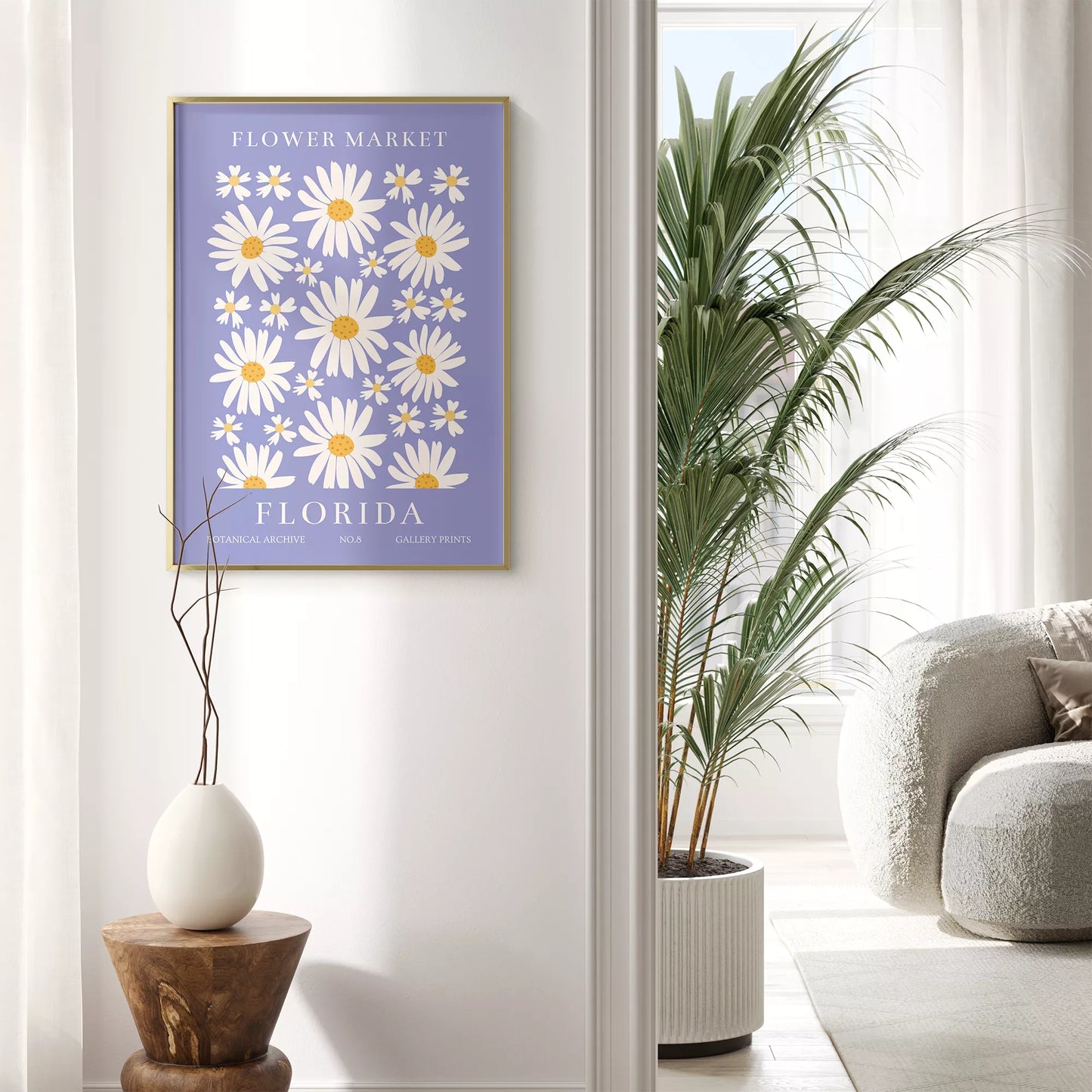 フロリダのデイジーマーケット植物アートポスター、パープル背景に白い花