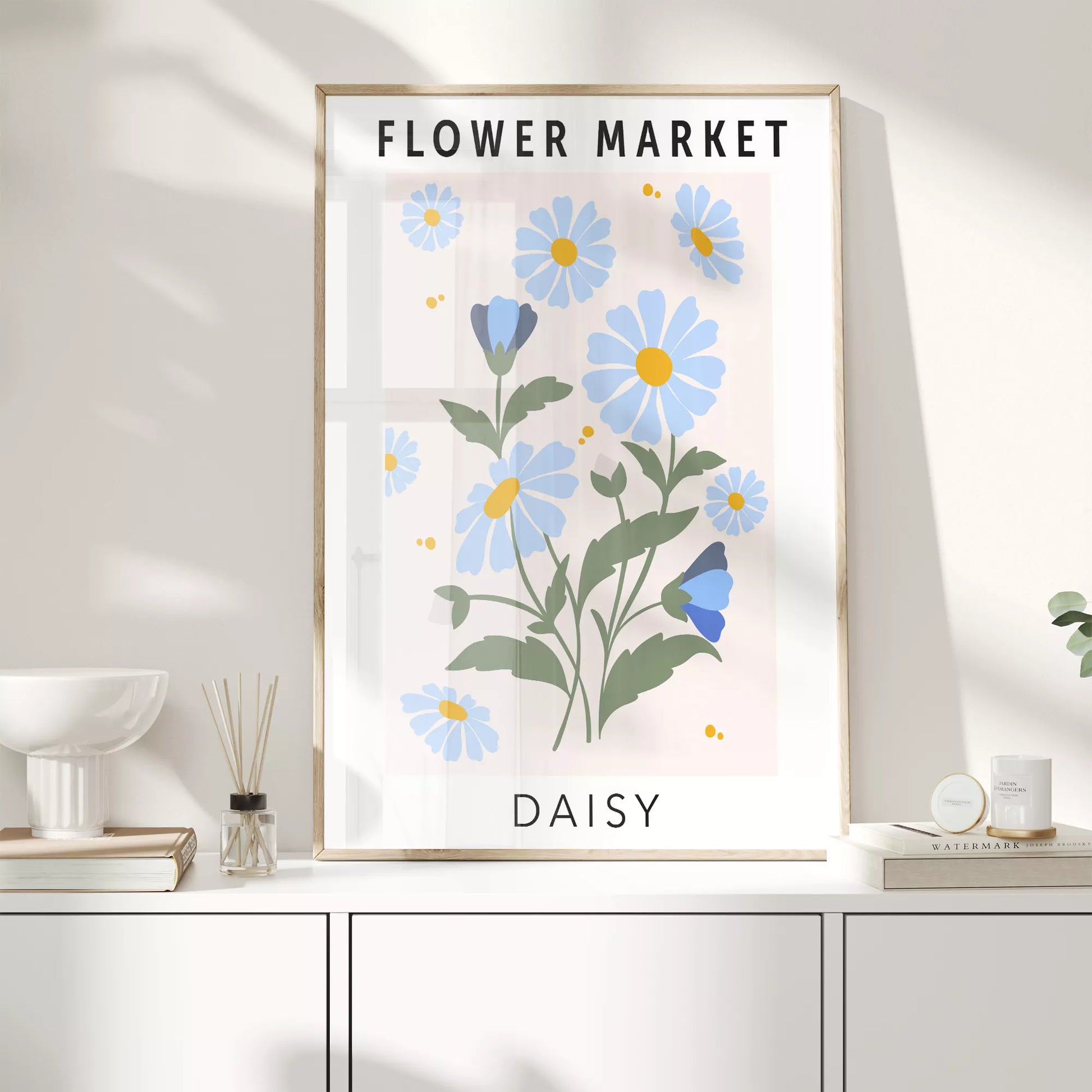 パステルブルーのデイジーが描かれたボタニカルアートポスター
