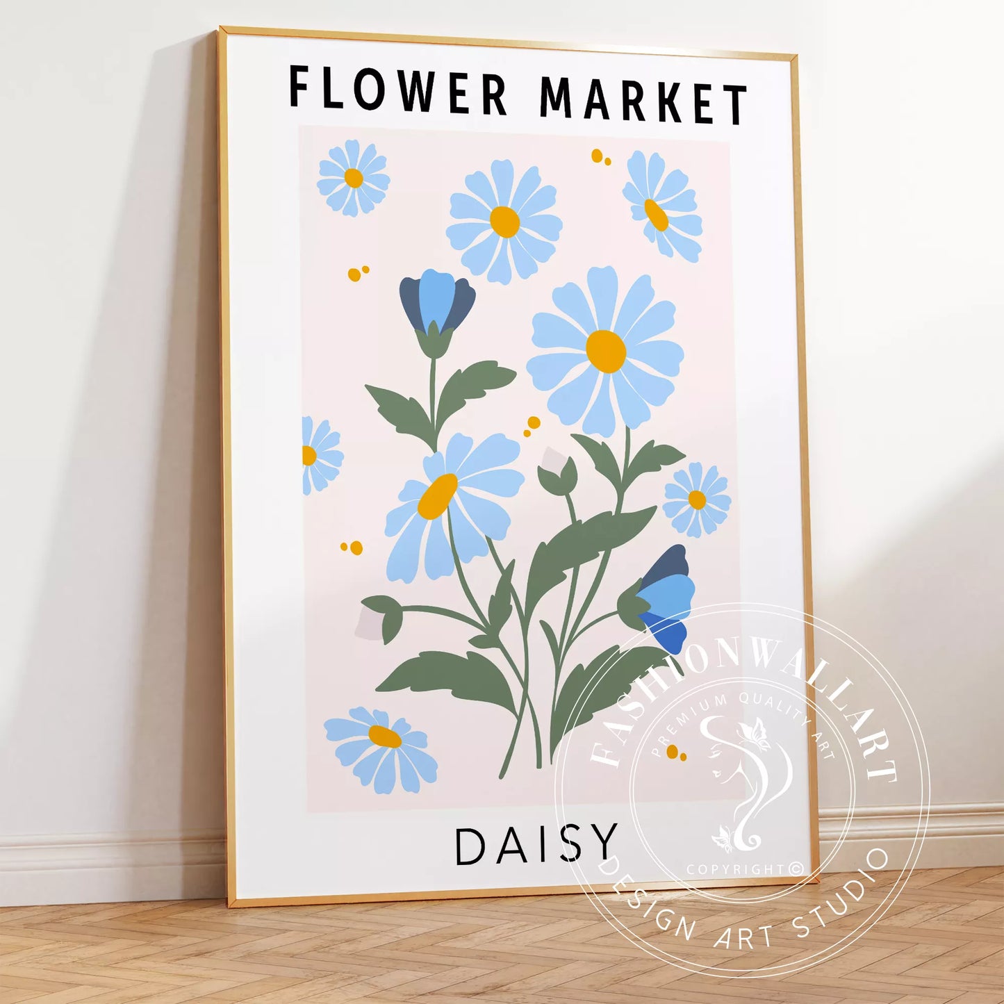 パステルブルーのデイジーが描かれたボタニカルアートポスター