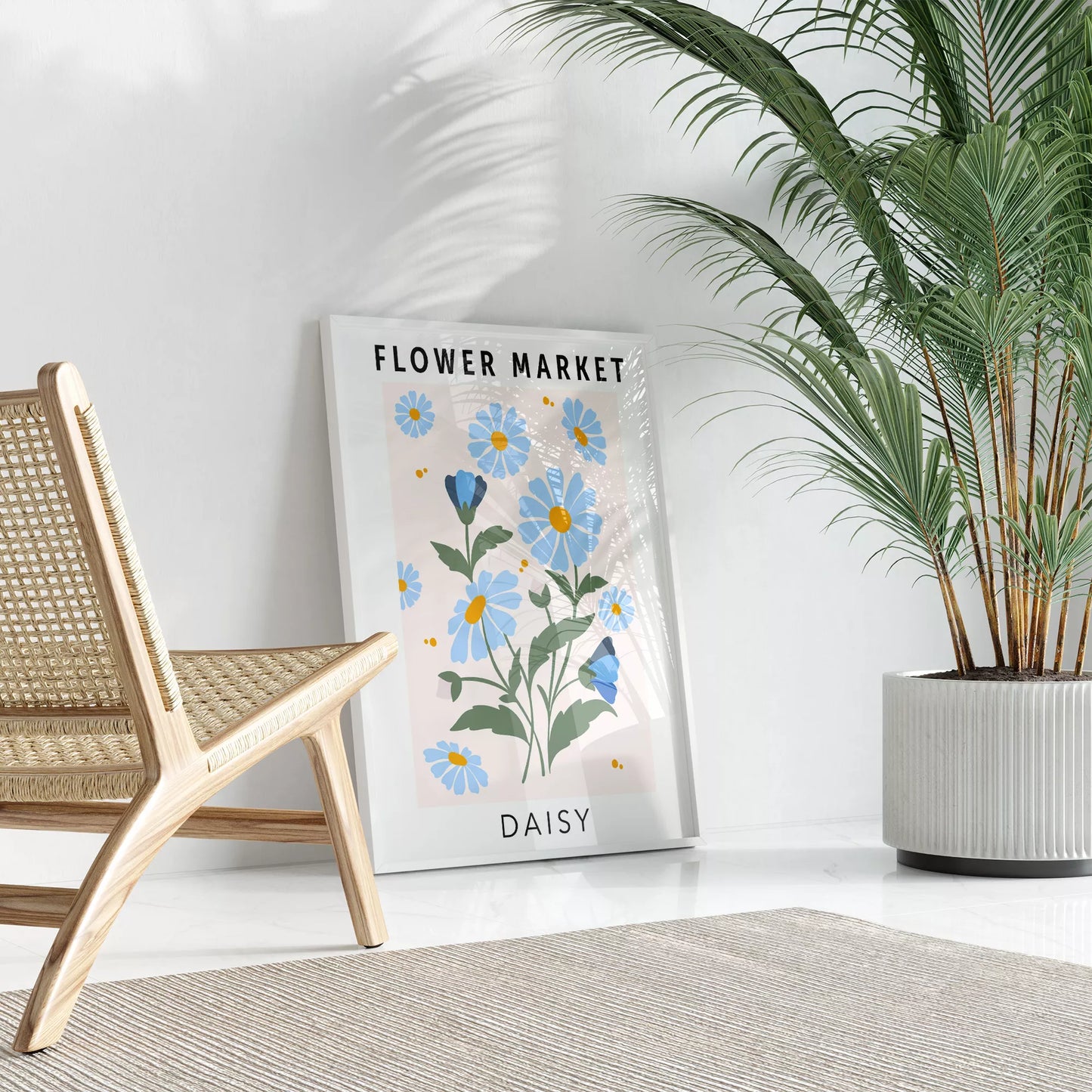 パステルブルーのデイジーが描かれたボタニカルアートポスター
