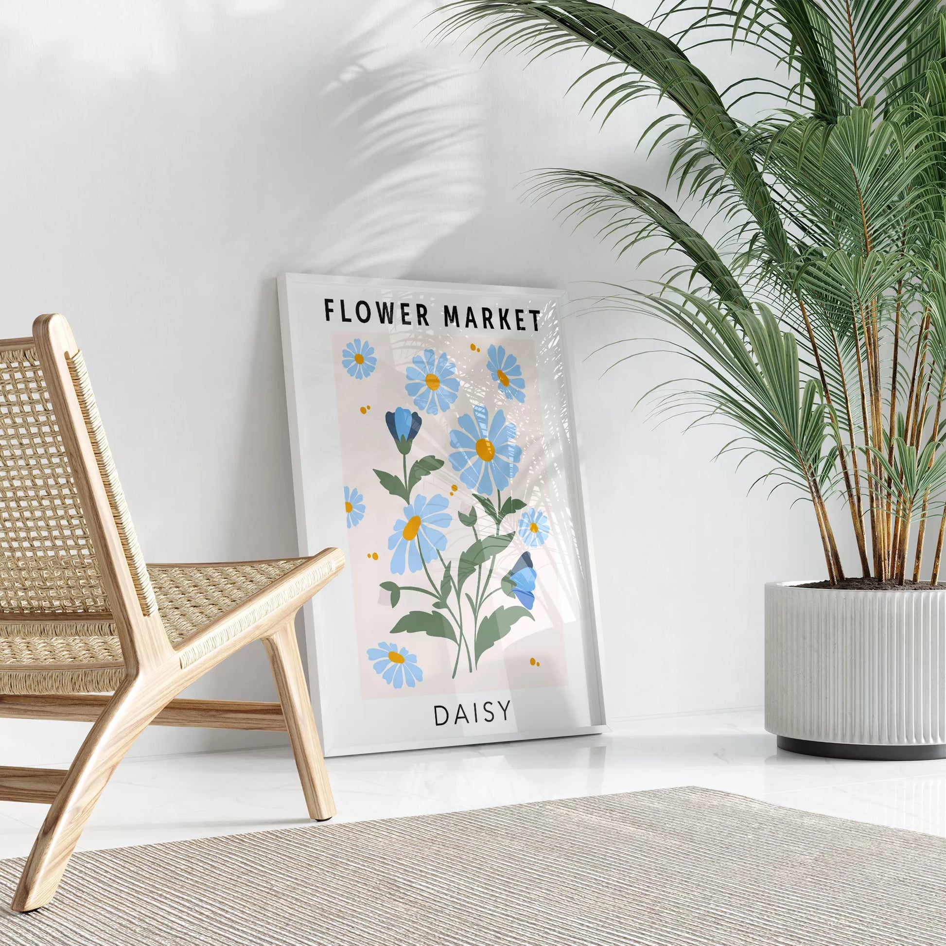 パステルブルーのデイジーが描かれたボタニカルアートポスター