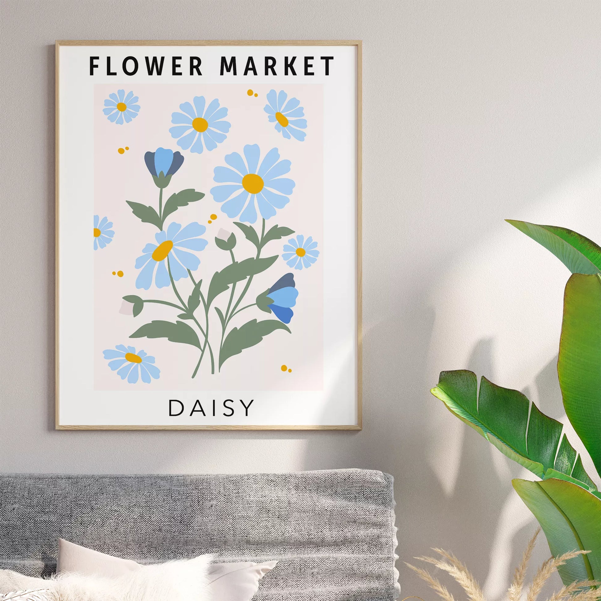 パステルブルーのデイジーが描かれたボタニカルアートポスター