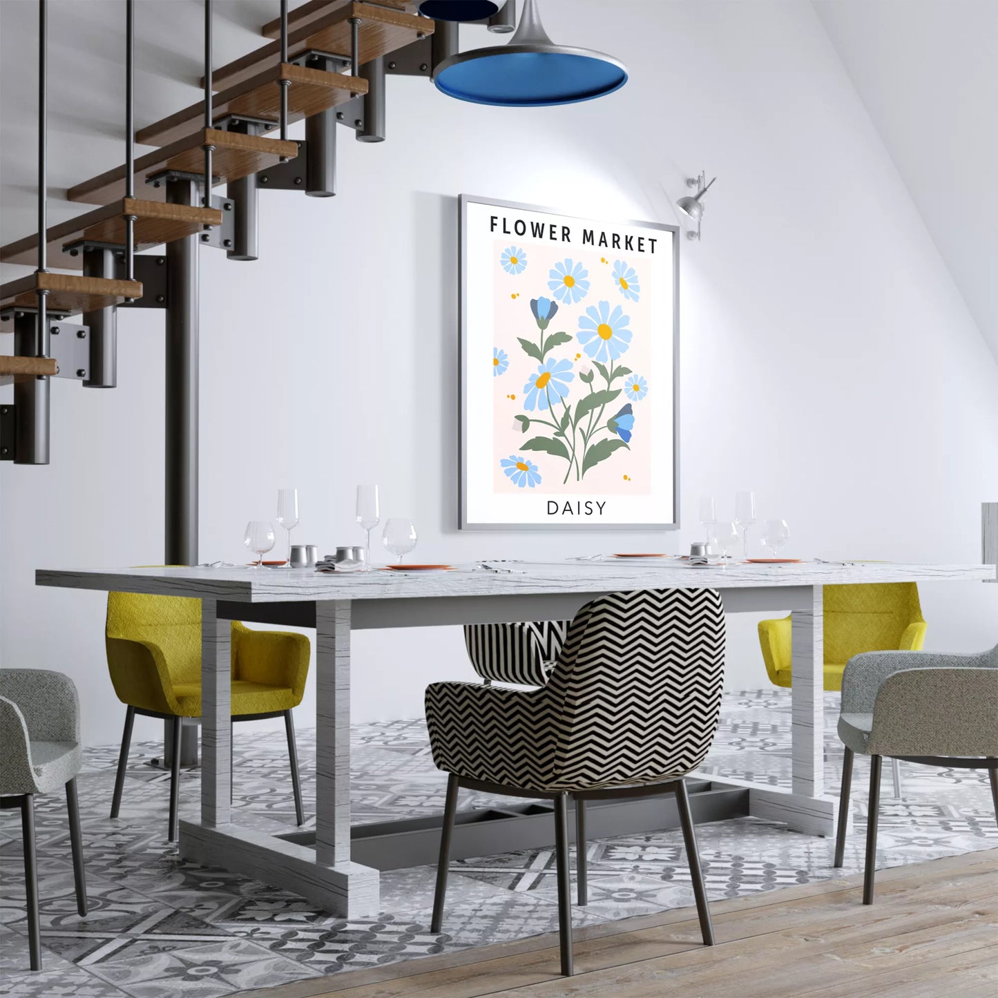 パステルブルーのデイジーが描かれたボタニカルアートポスター