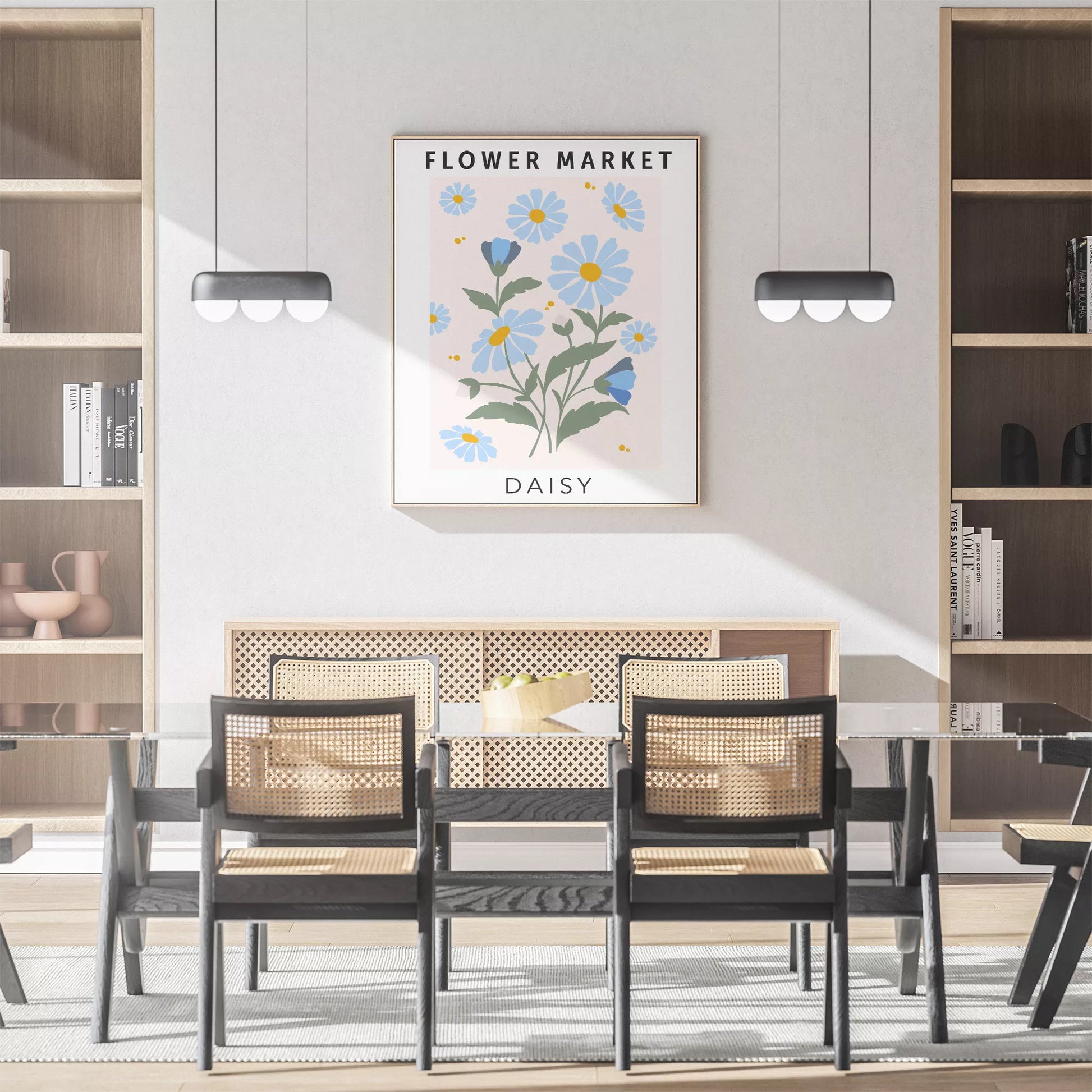 パステルブルーのデイジーが描かれたボタニカルアートポスター