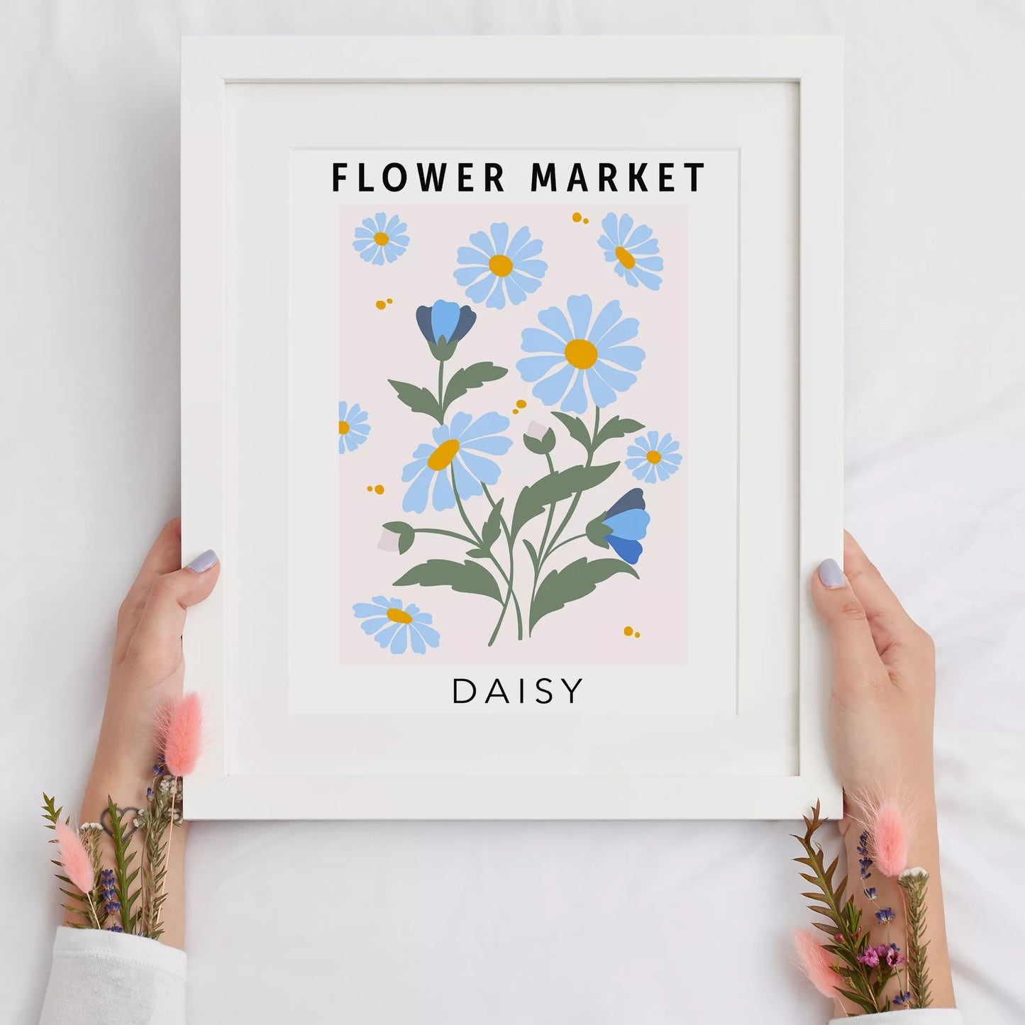 パステルブルーのデイジーが描かれたボタニカルアートポスター