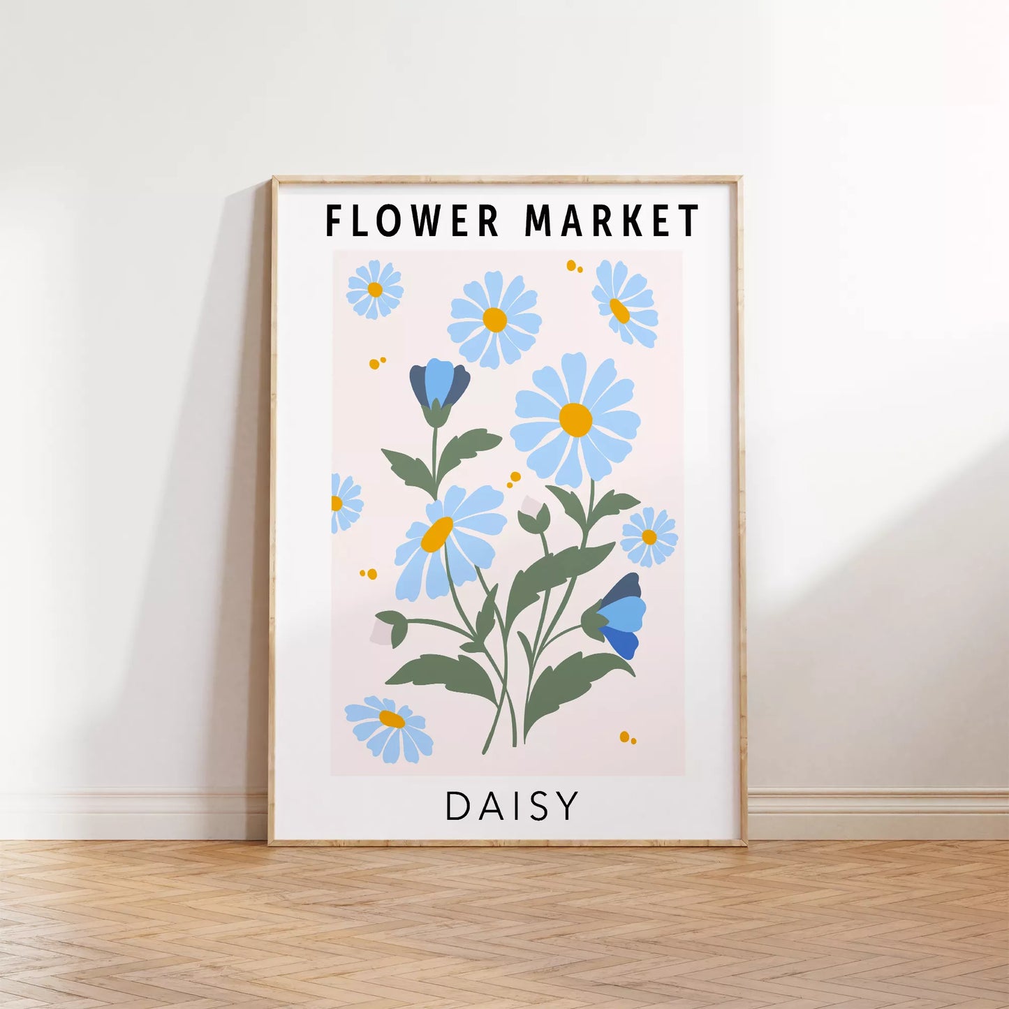 パステルブルーのデイジーが描かれたボタニカルアートポスター