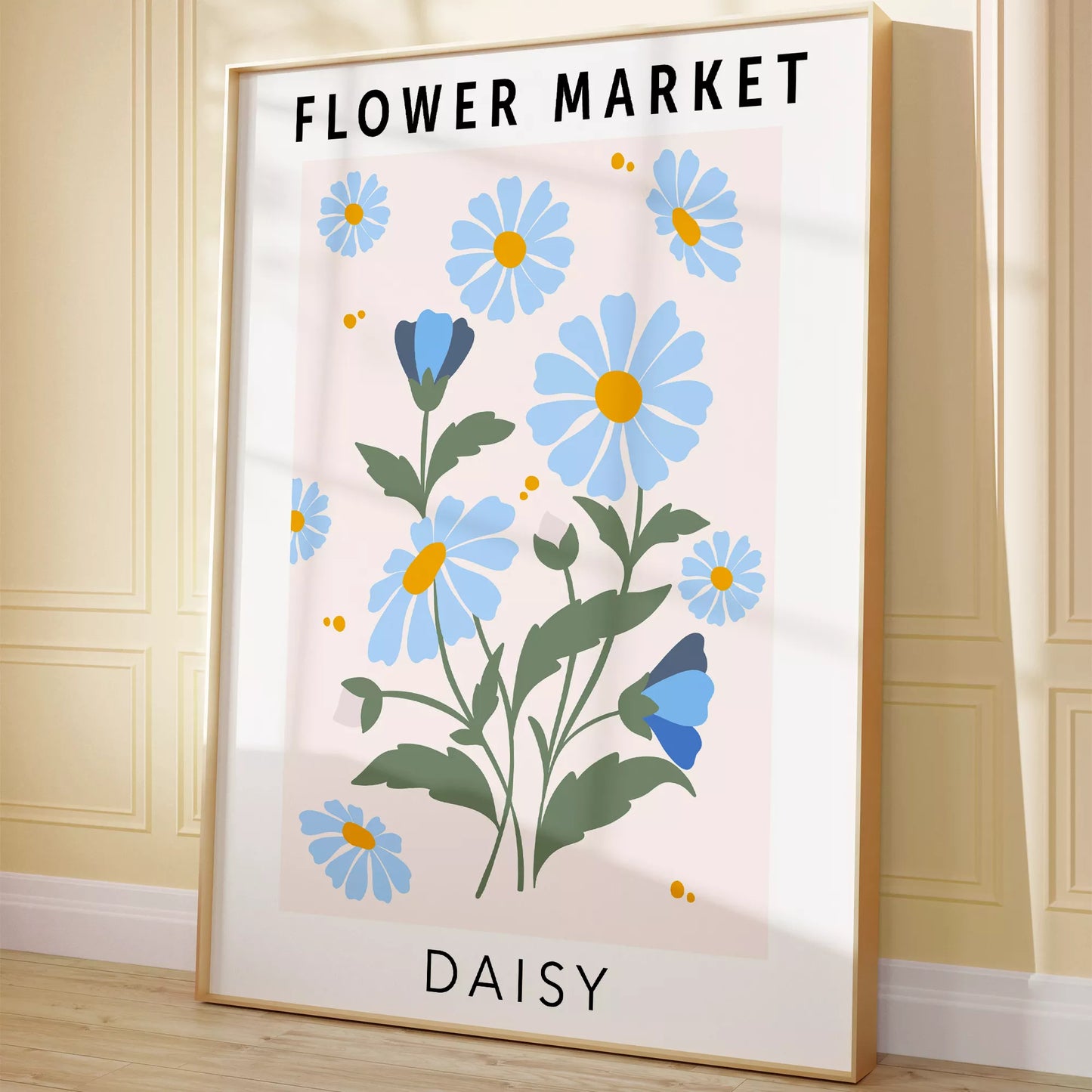 パステルブルーのデイジーが描かれたボタニカルアートポスター