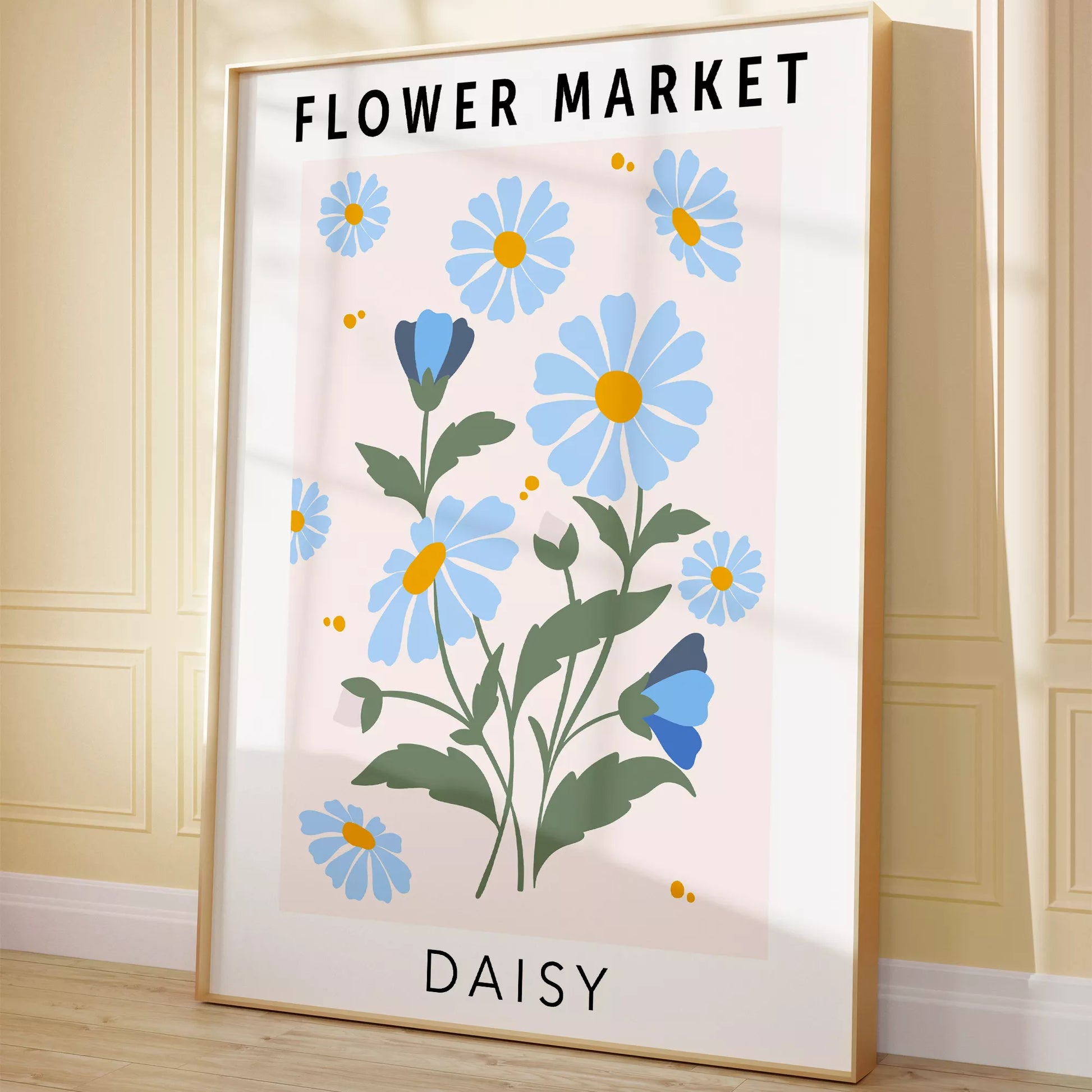 パステルブルーのデイジーが描かれたボタニカルアートポスター