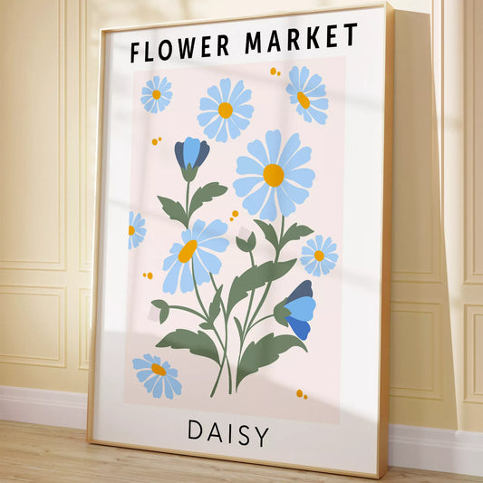 パステルブルーのデイジーが描かれたボタニカルアートポスター