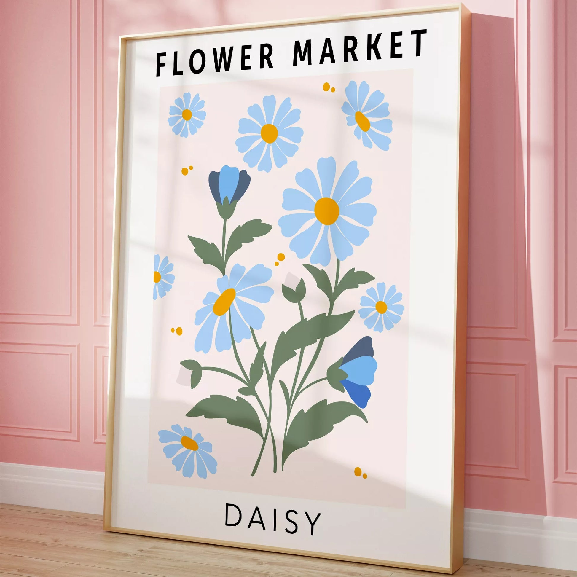 パステルブルーのデイジーが描かれたボタニカルアートポスター