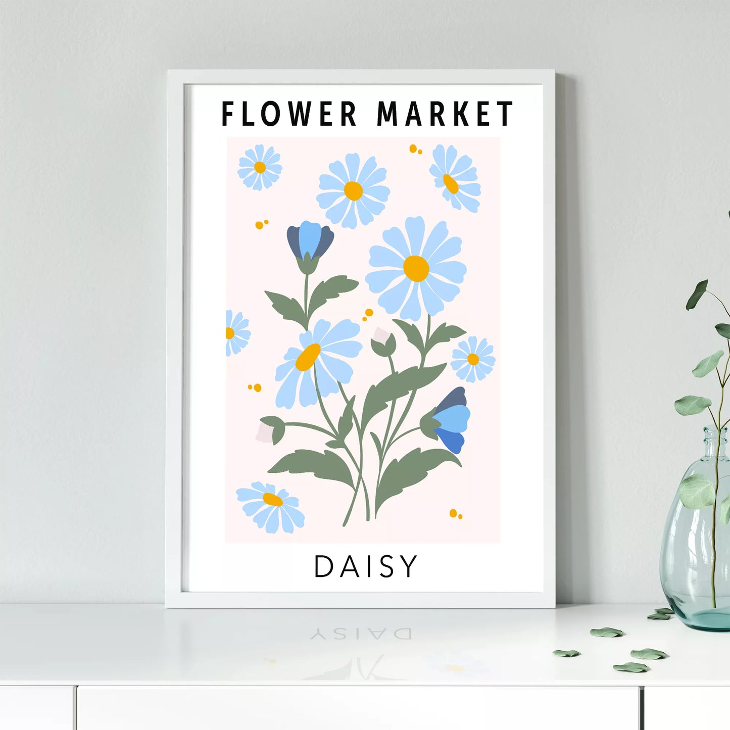 パステルブルーのデイジーが描かれたボタニカルアートポスター