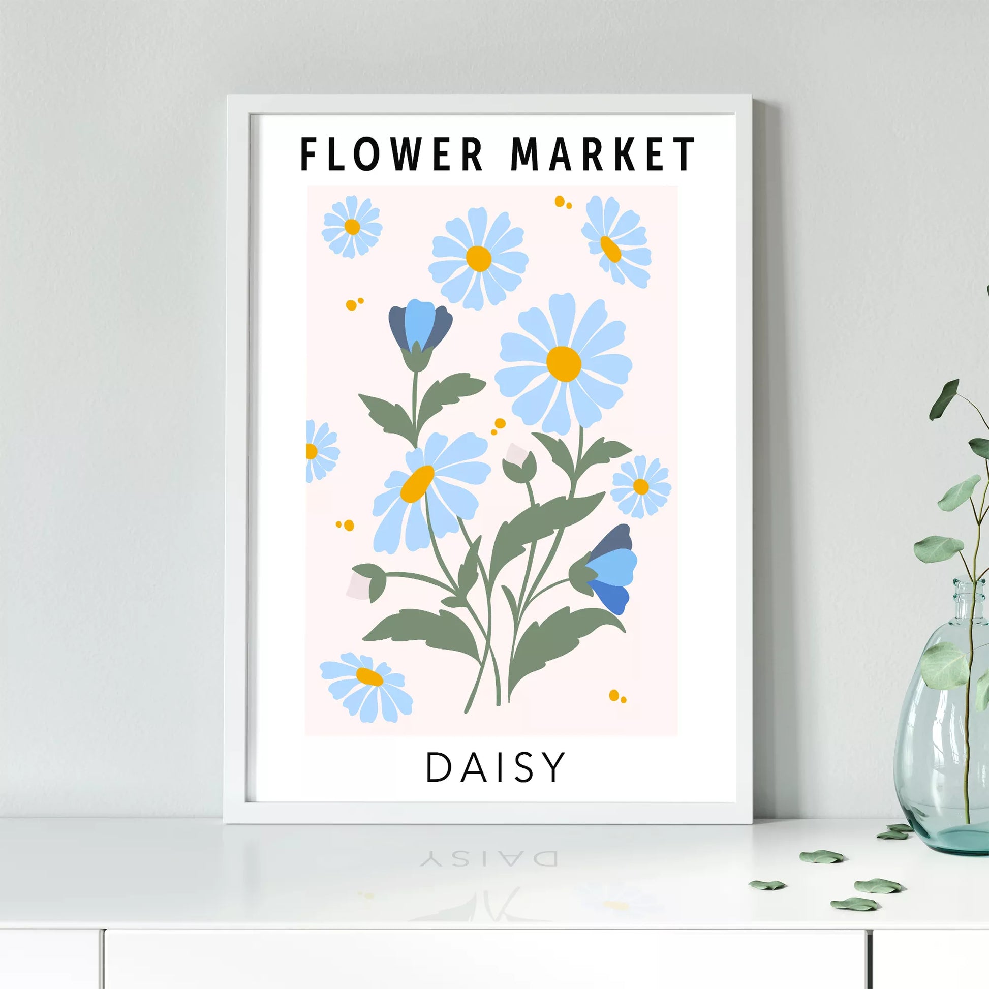 パステルブルーのデイジーが描かれたボタニカルアートポスター