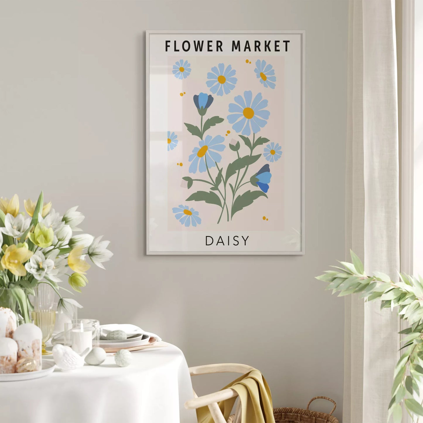 パステルブルーのデイジーが描かれたボタニカルアートポスター