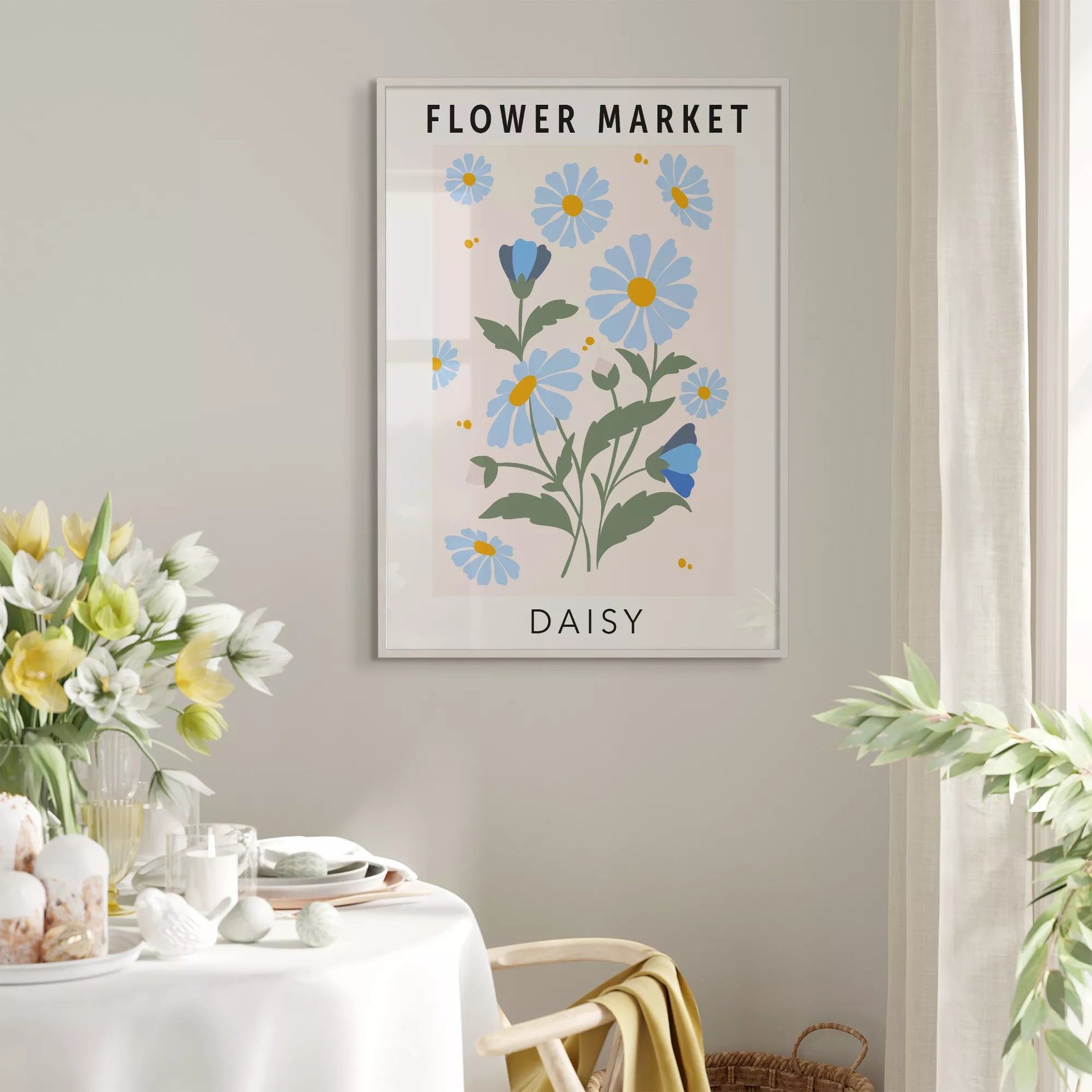 パステルブルーのデイジーが描かれたボタニカルアートポスター