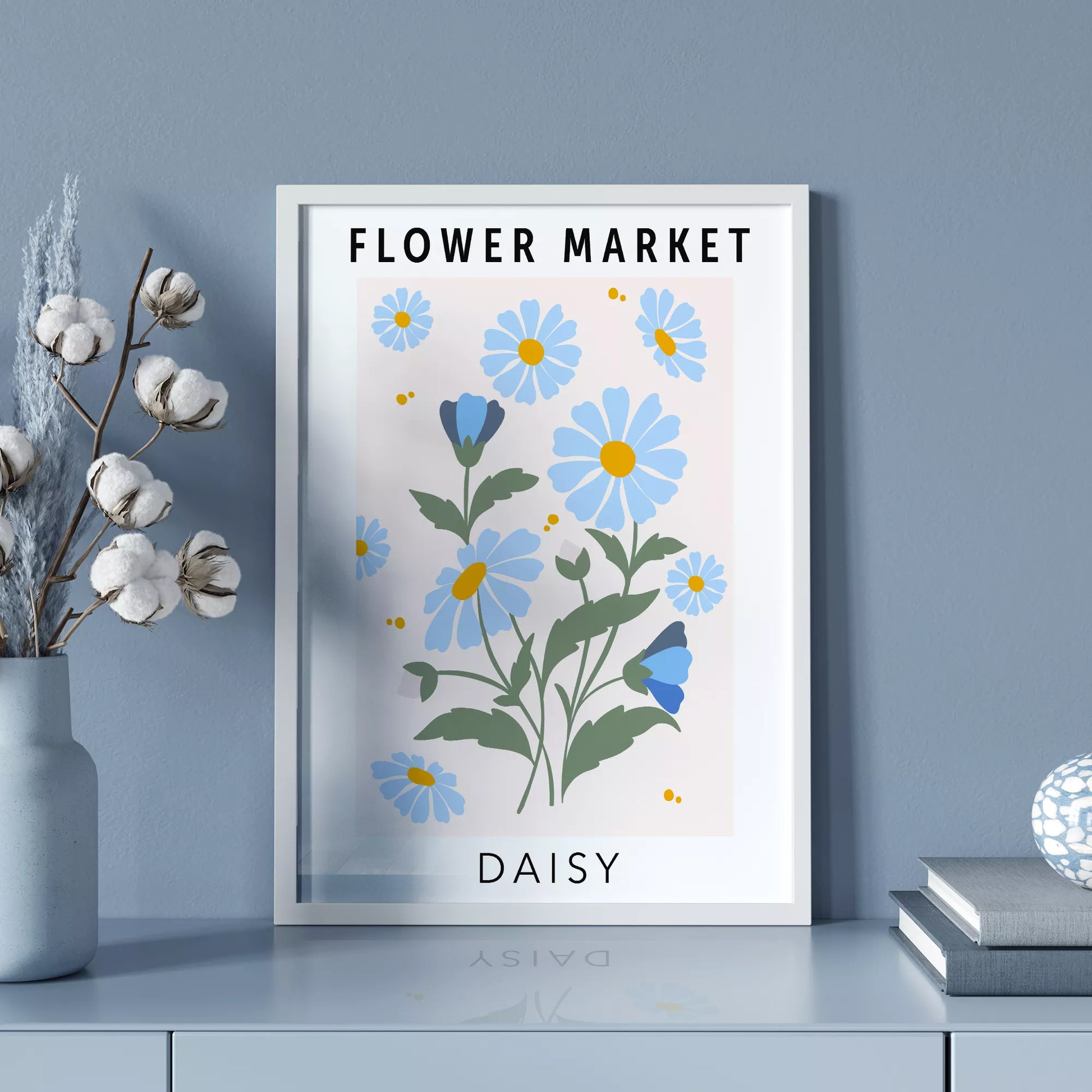 パステルブルーのデイジーが描かれたボタニカルアートポスター