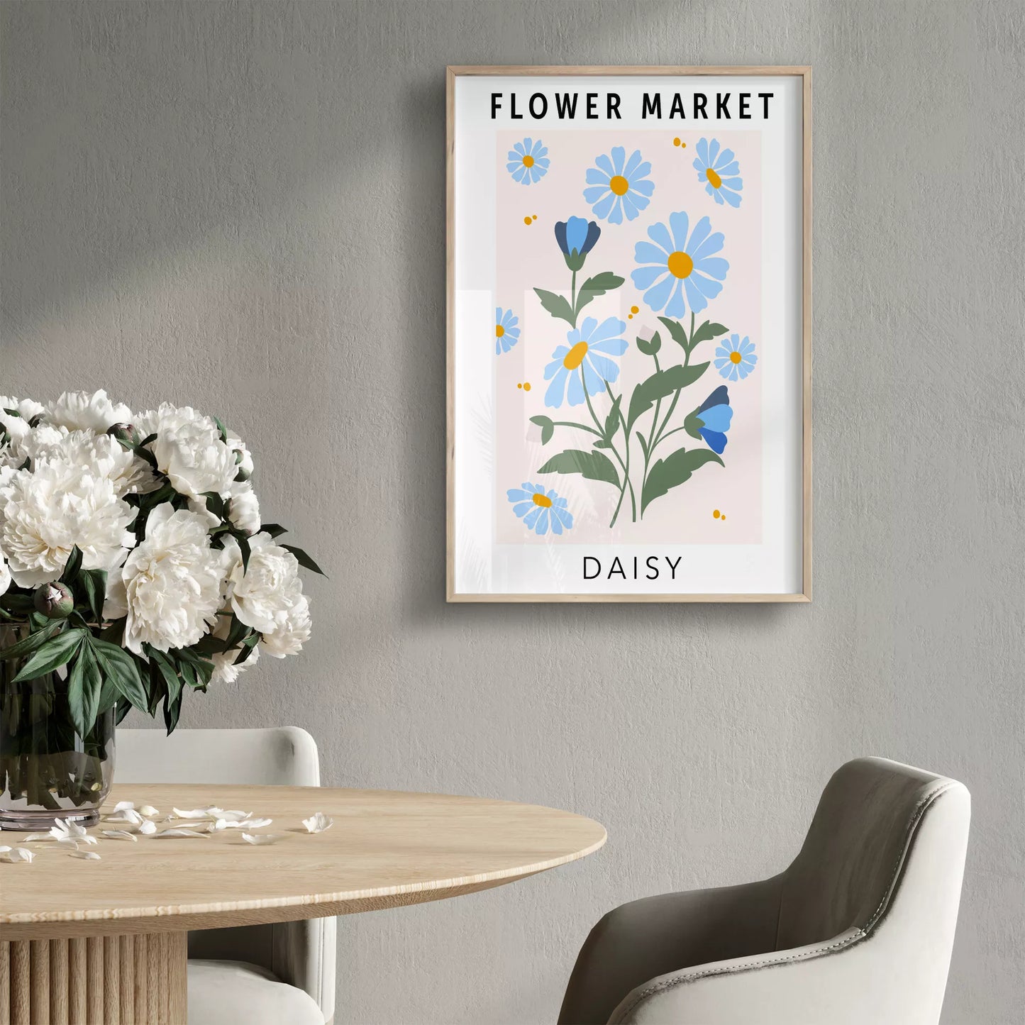 パステルブルーのデイジーが描かれたボタニカルアートポスター