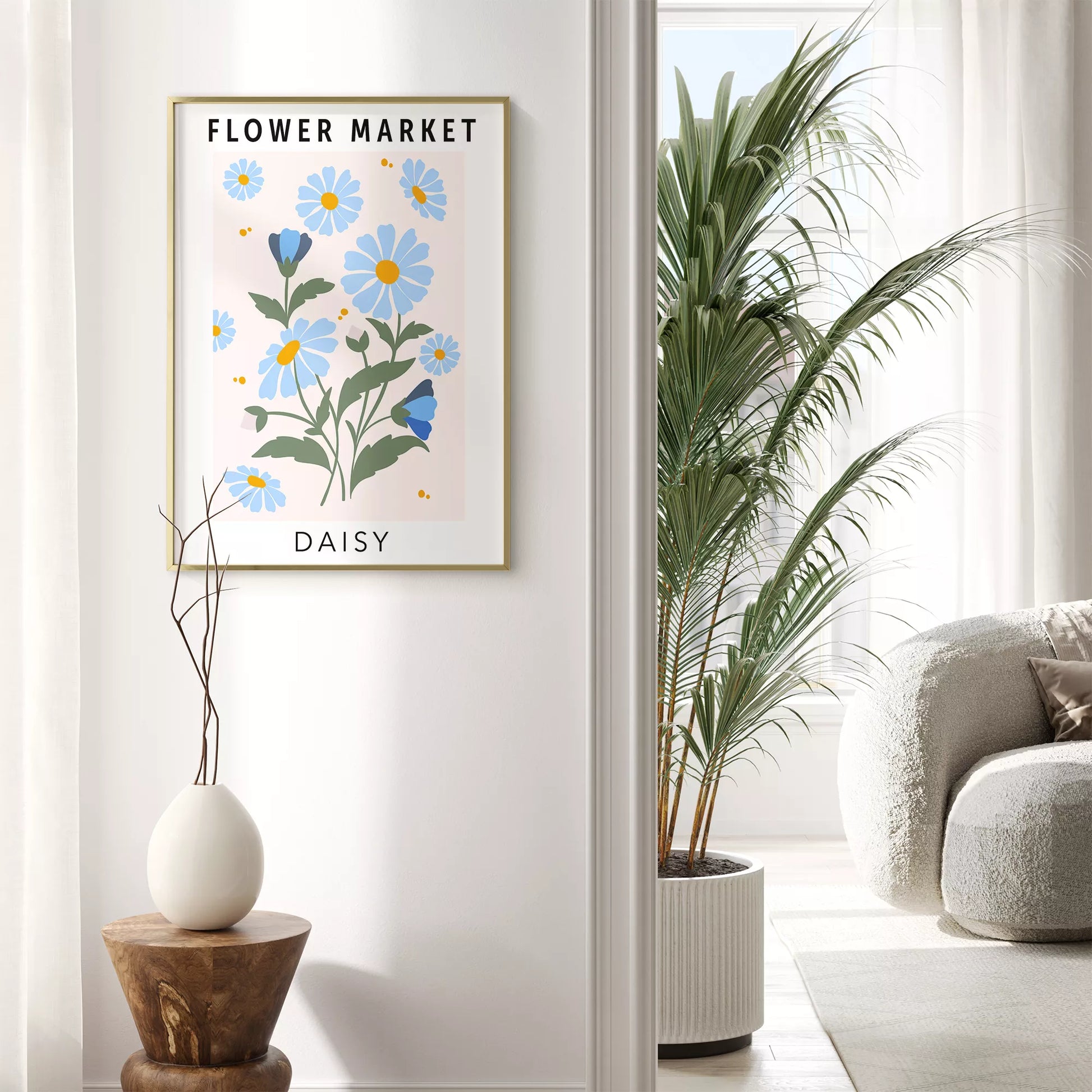 パステルブルーのデイジーが描かれたボタニカルアートポスター