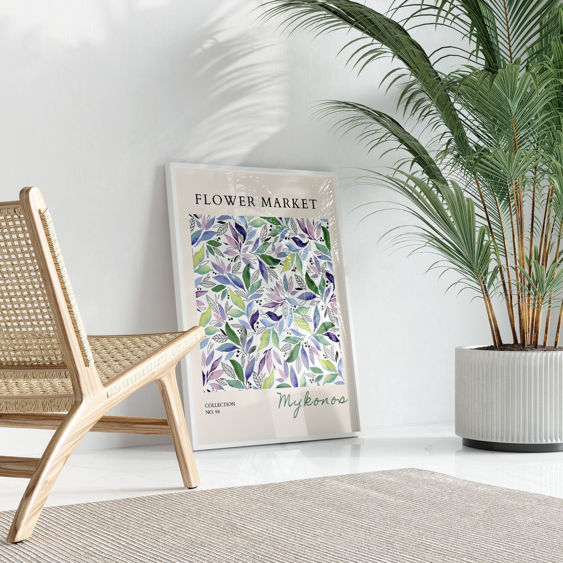水彩画で描かれた優美なボタニカルアート。緑、紫、青のグラデーションの葉が白地に散りばめられ、上部に「FLOWER MARKET」のタイトル、下部に「Mykonos」のコレクション名が記されたモダンなデザインポスター
