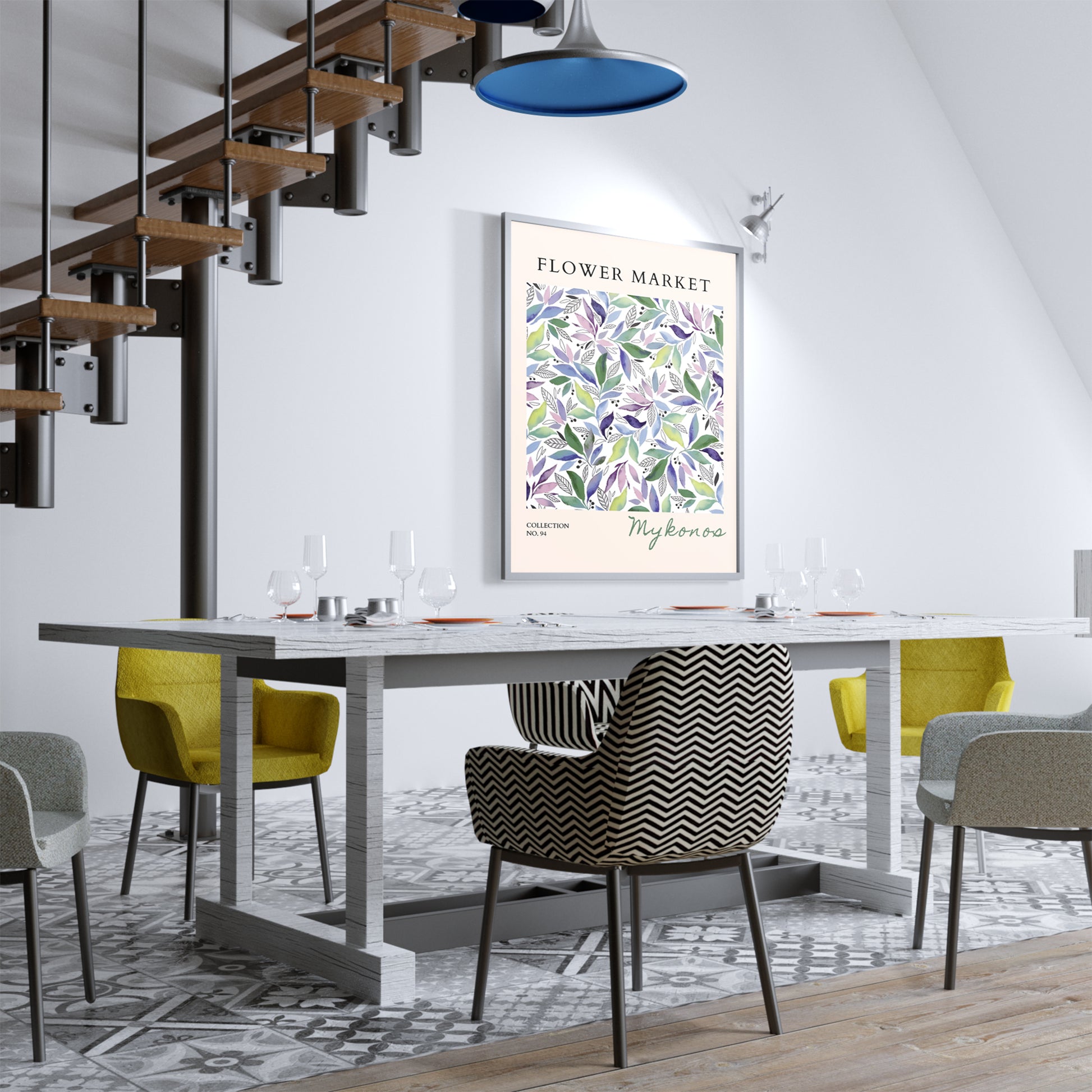 水彩画で描かれた優美なボタニカルアート。緑、紫、青のグラデーションの葉が白地に散りばめられ、上部に「FLOWER MARKET」のタイトル、下部に「Mykonos」のコレクション名が記されたモダンなデザインポスター
