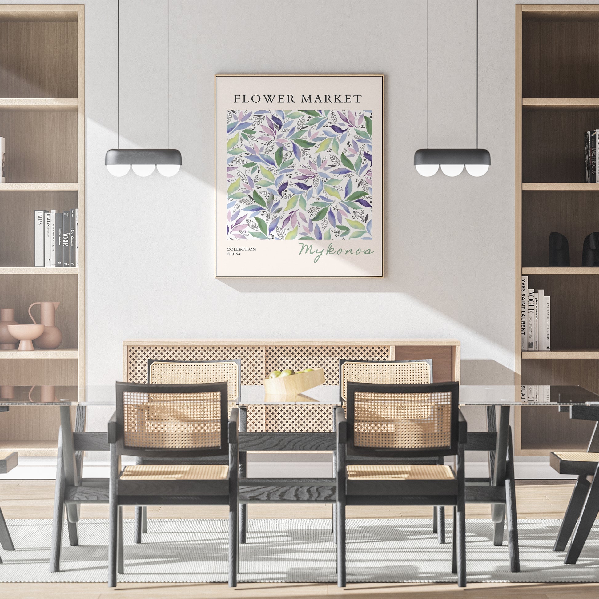 水彩画で描かれた優美なボタニカルアート。緑、紫、青のグラデーションの葉が白地に散りばめられ、上部に「FLOWER MARKET」のタイトル、下部に「Mykonos」のコレクション名が記されたモダンなデザインポスター
