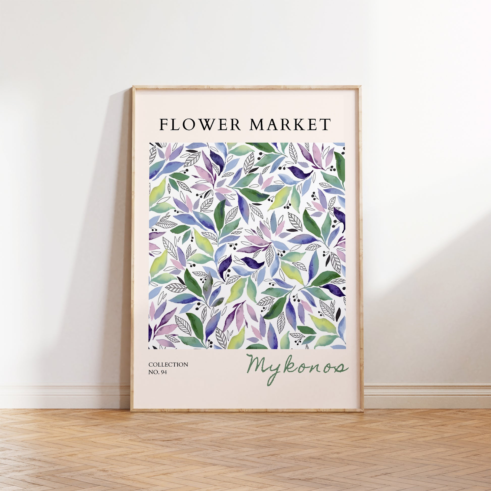 水彩画で描かれた優美なボタニカルアート。緑、紫、青のグラデーションの葉が白地に散りばめられ、上部に「FLOWER MARKET」のタイトル、下部に「Mykonos」のコレクション名が記されたモダンなデザインポスター