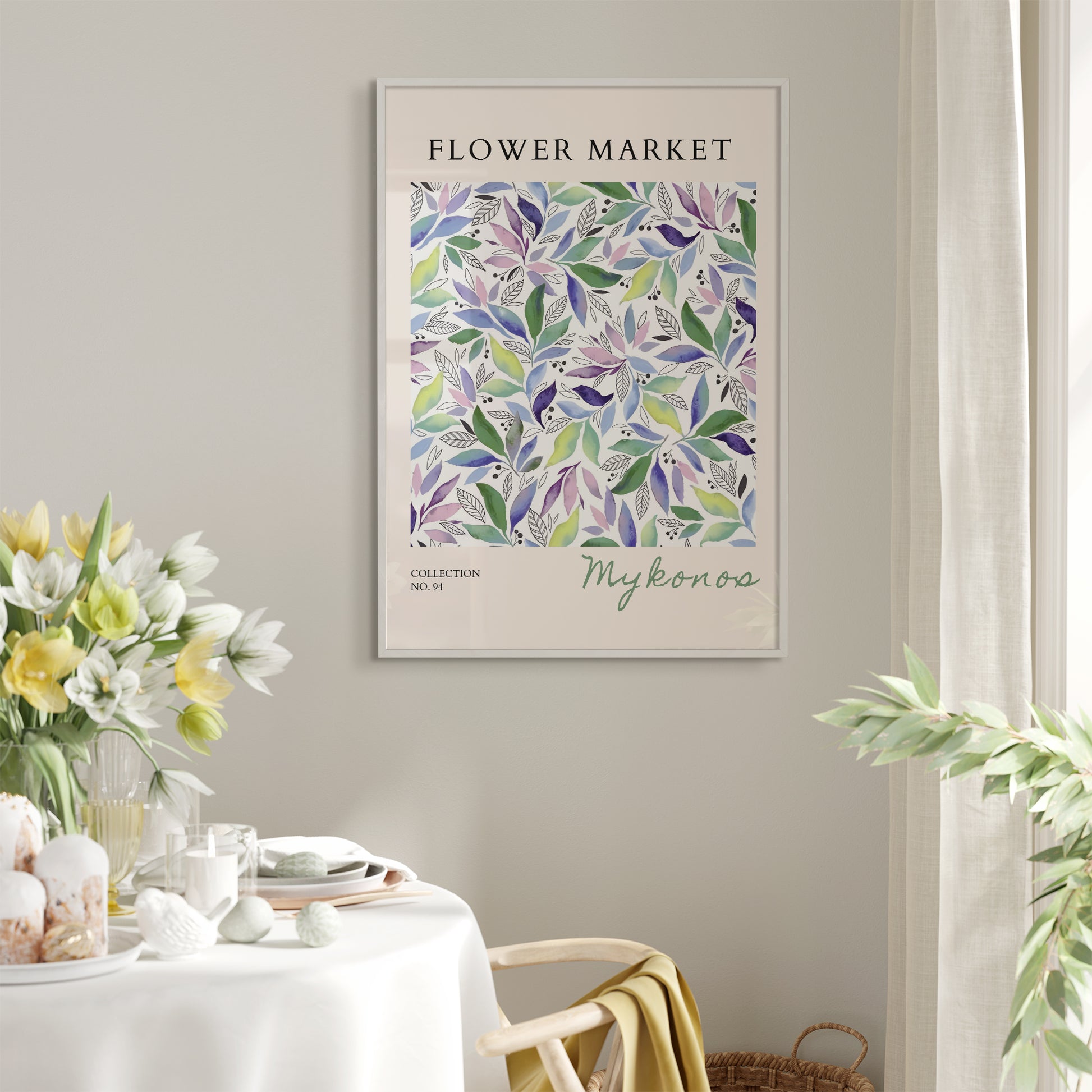 水彩画で描かれた優美なボタニカルアート。緑、紫、青のグラデーションの葉が白地に散りばめられ、上部に「FLOWER MARKET」のタイトル、下部に「Mykonos」のコレクション名が記されたモダンなデザインポスター