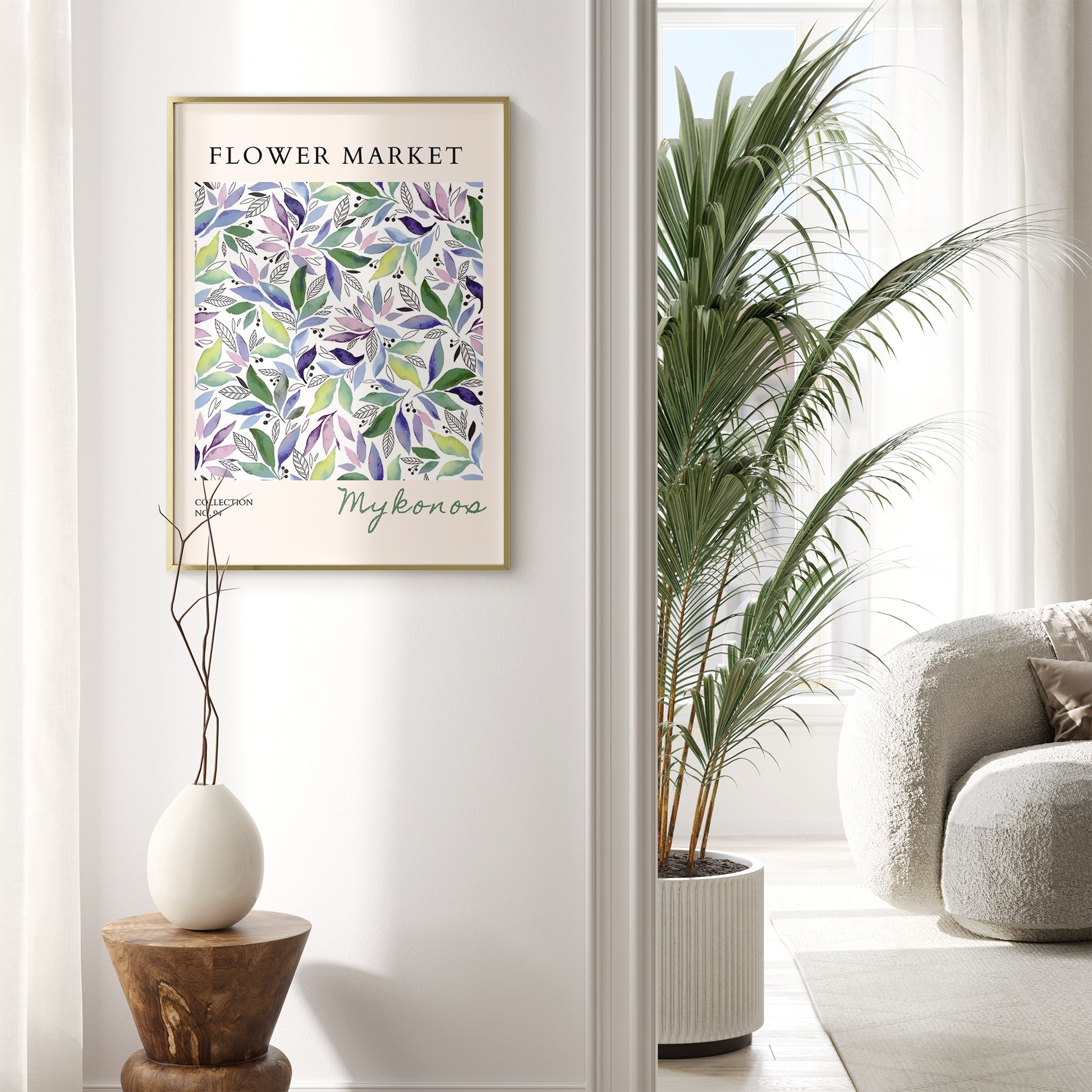 水彩画で描かれた優美なボタニカルアート。緑、紫、青のグラデーションの葉が白地に散りばめられ、上部に「FLOWER MARKET」のタイトル、下部に「Mykonos」のコレクション名が記されたモダンなデザインポスター