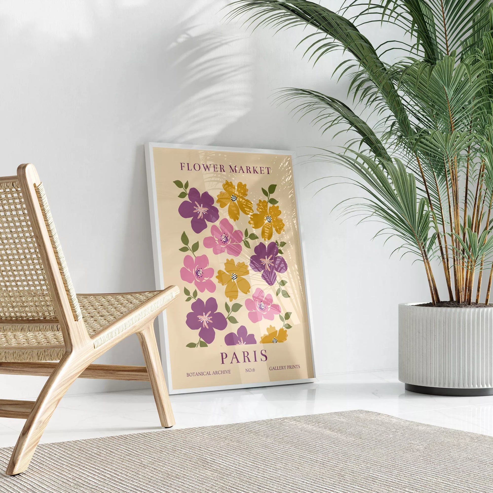 パリのフラワーマーケットをモチーフにしたレトロな花のアートプリント、紫、ピンク、マスタードイエローの花々