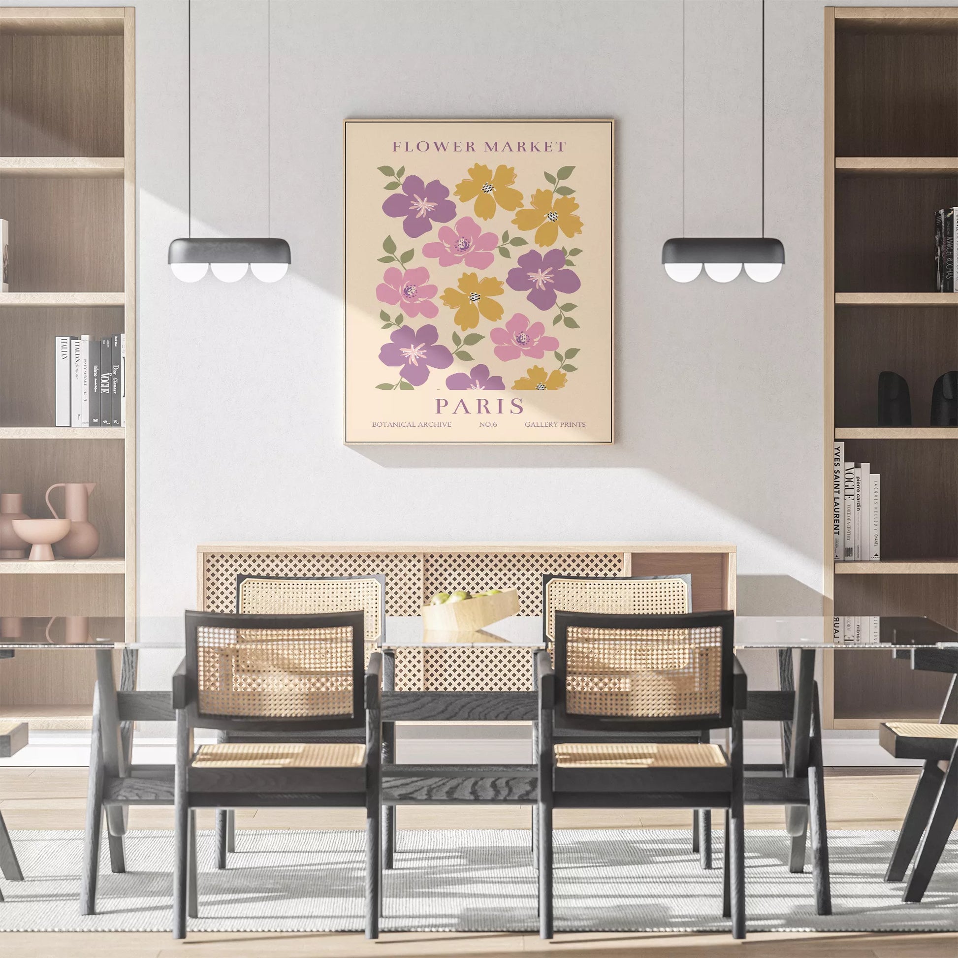 パリのフラワーマーケットをモチーフにしたレトロな花のアートプリント、紫、ピンク、マスタードイエローの花々