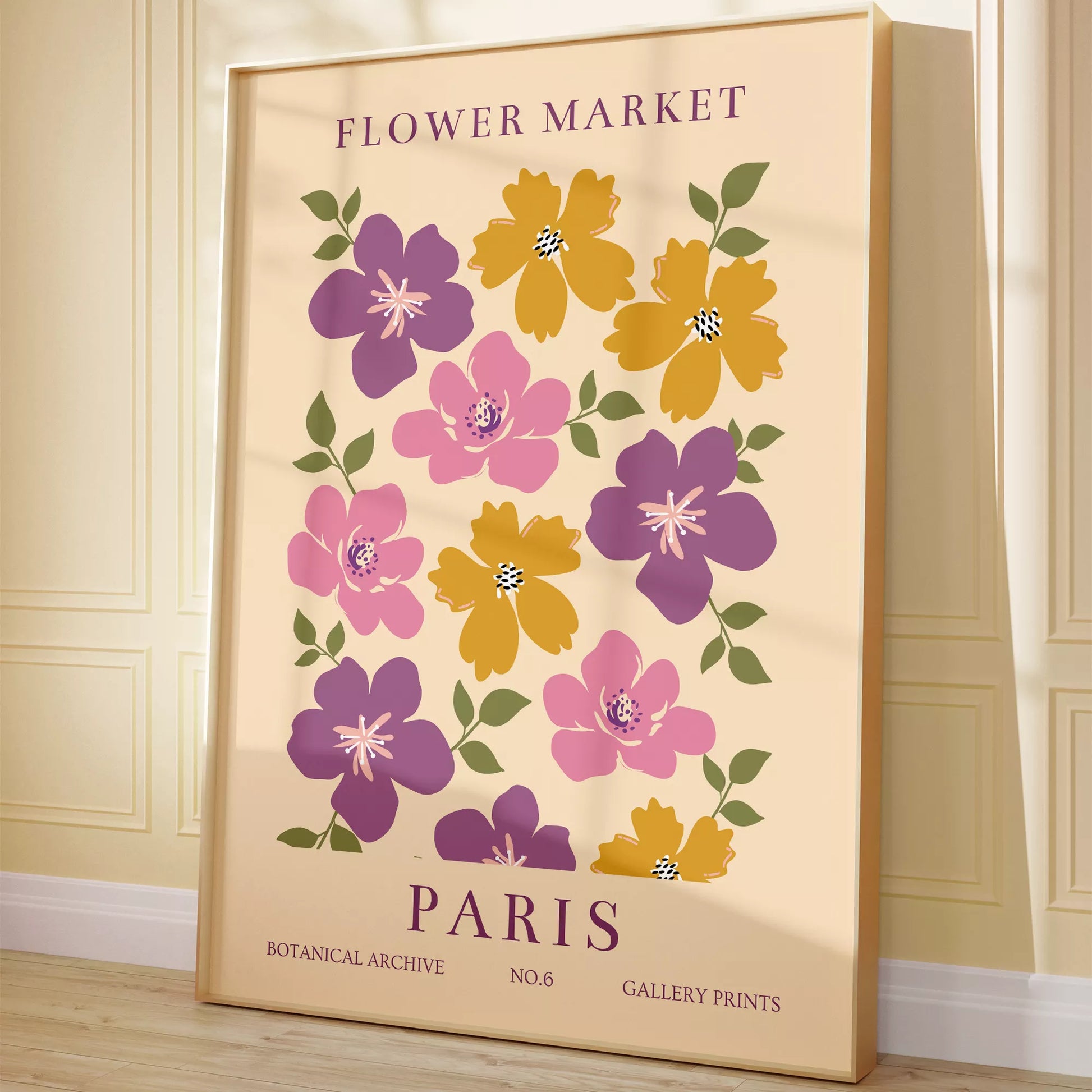 パリのフラワーマーケットをモチーフにしたレトロな花のアートプリント、紫、ピンク、マスタードイエローの花々