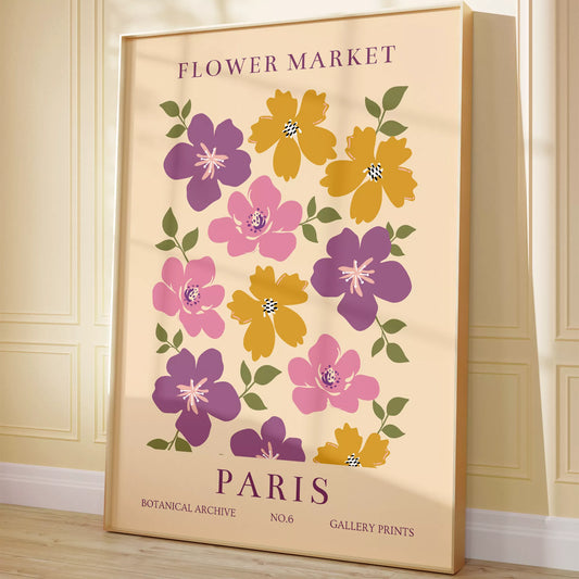 パリのフラワーマーケットをモチーフにしたレトロな花のアートプリント、紫、ピンク、マスタードイエローの花々