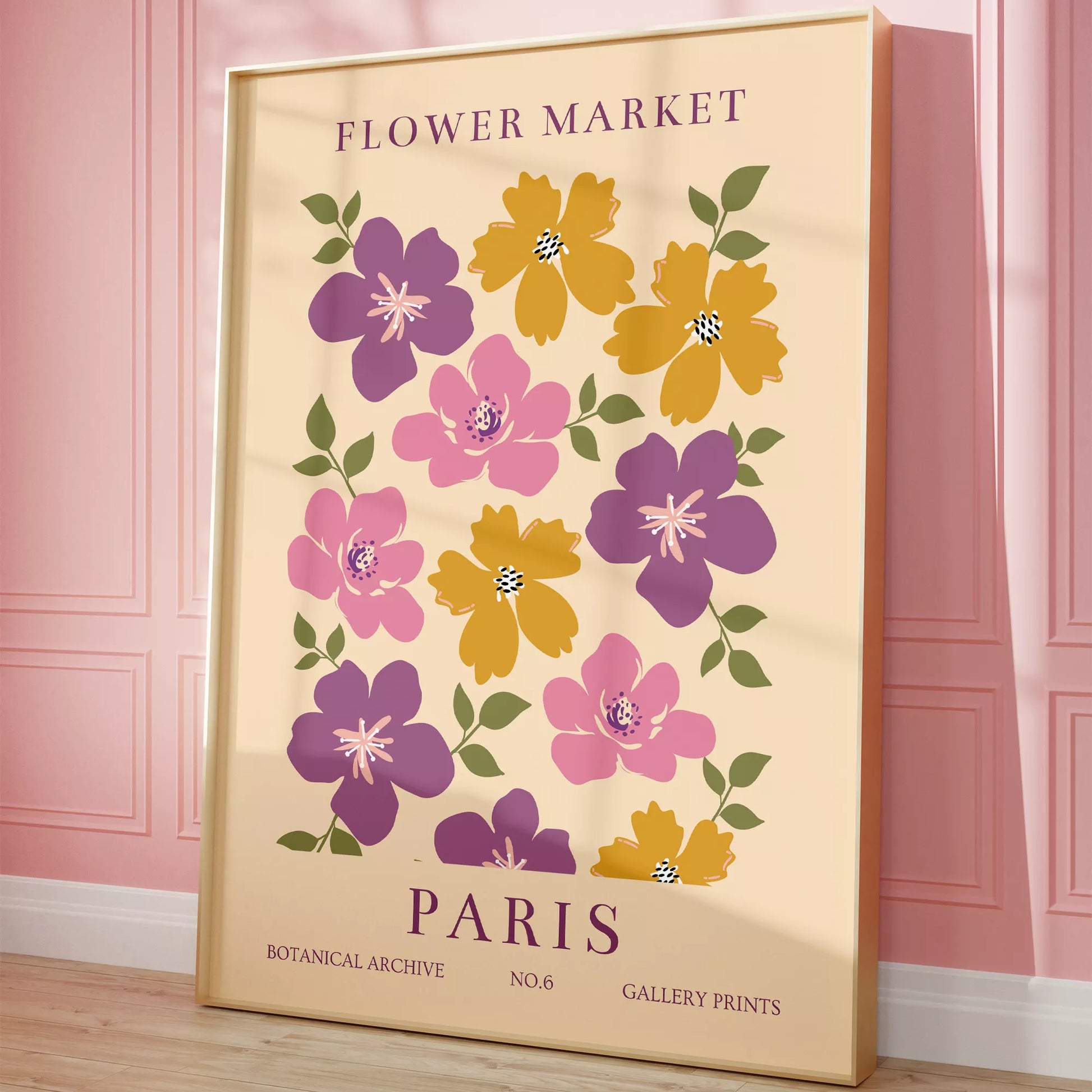 パリのフラワーマーケットをモチーフにしたレトロな花のアートプリント、紫、ピンク、マスタードイエローの花々