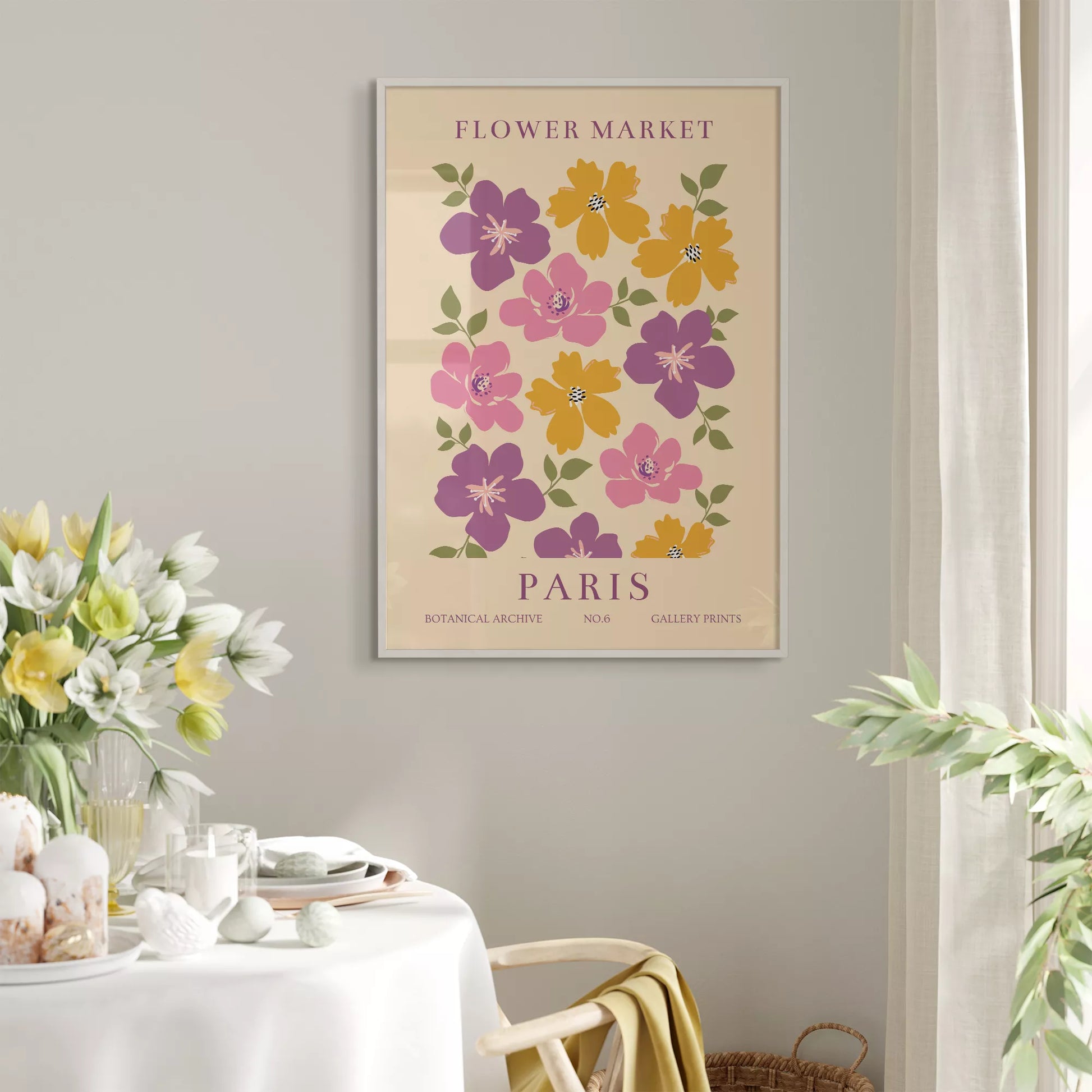 パリのフラワーマーケットをモチーフにしたレトロな花のアートプリント、紫、ピンク、マスタードイエローの花々