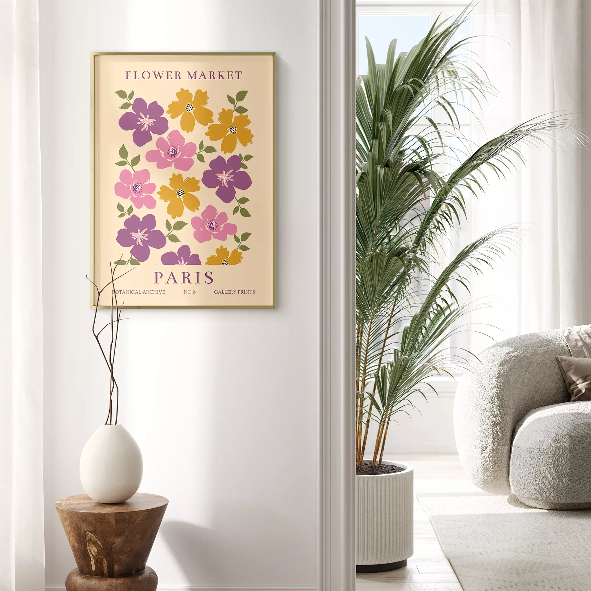 パリのフラワーマーケットをモチーフにしたレトロな花のアートプリント、紫、ピンク、マスタードイエローの花々