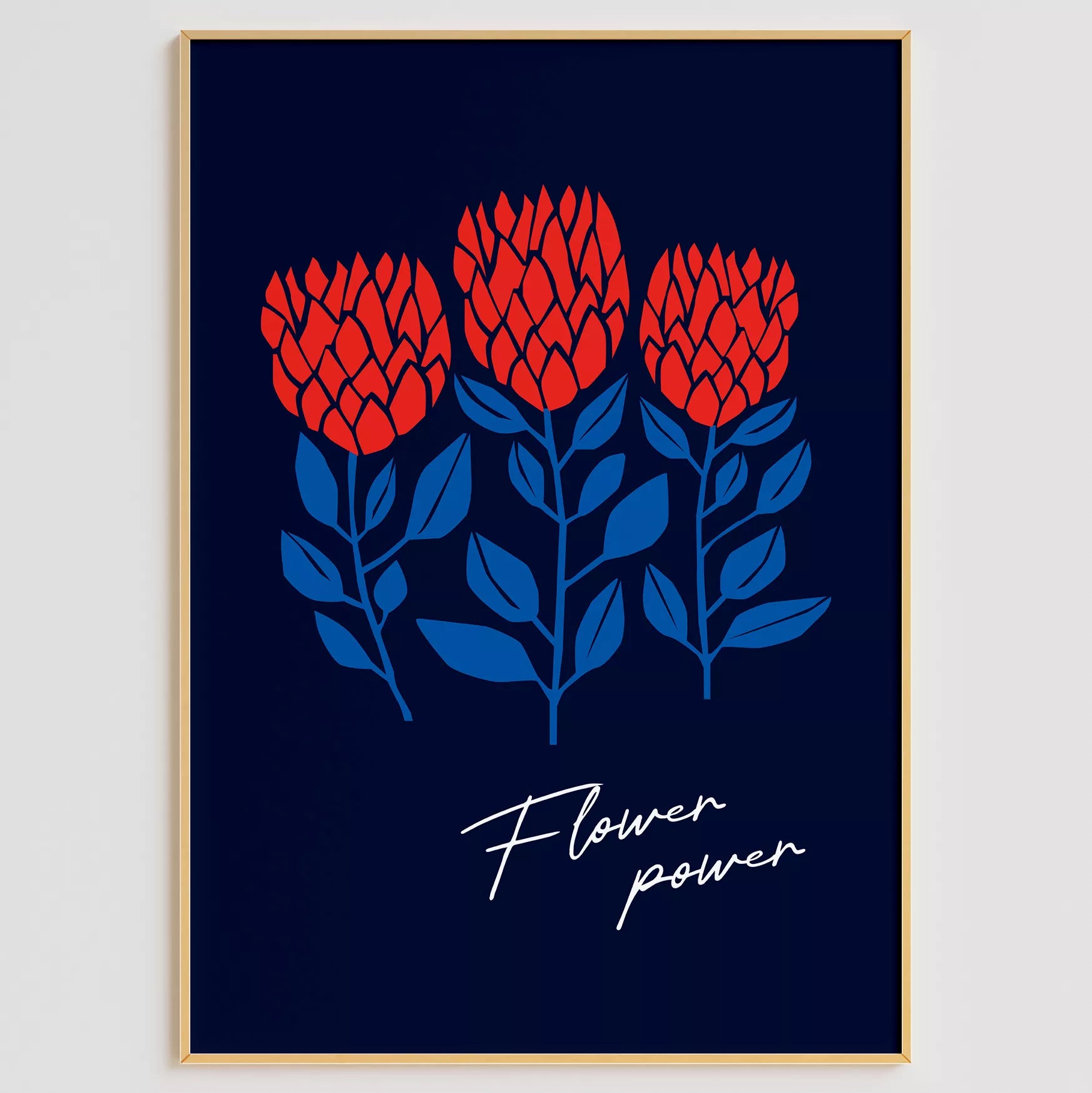 北欧ミニマルデザインのレッドフラワーアートポスター ネイビーバック