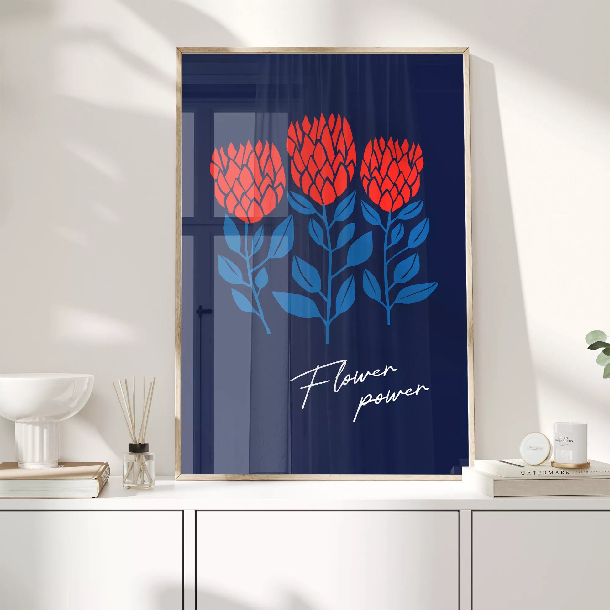 北欧ミニマルデザインのレッドフラワーアートポスター ネイビーバック