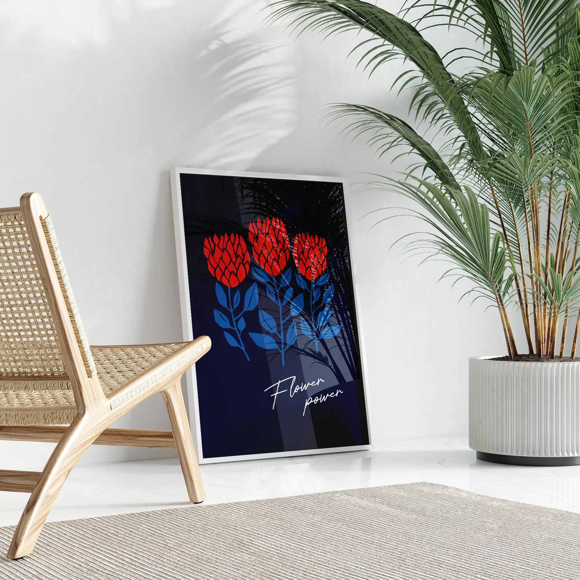 北欧ミニマルデザインのレッドフラワーアートポスター ネイビーバック