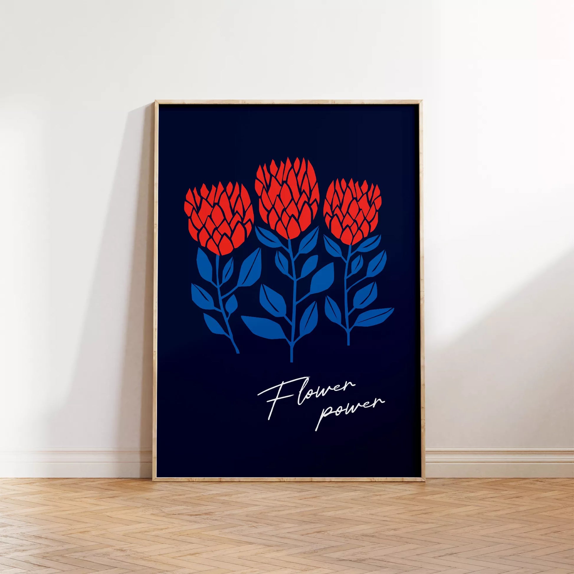 北欧ミニマルデザインのレッドフラワーアートポスター ネイビーバック