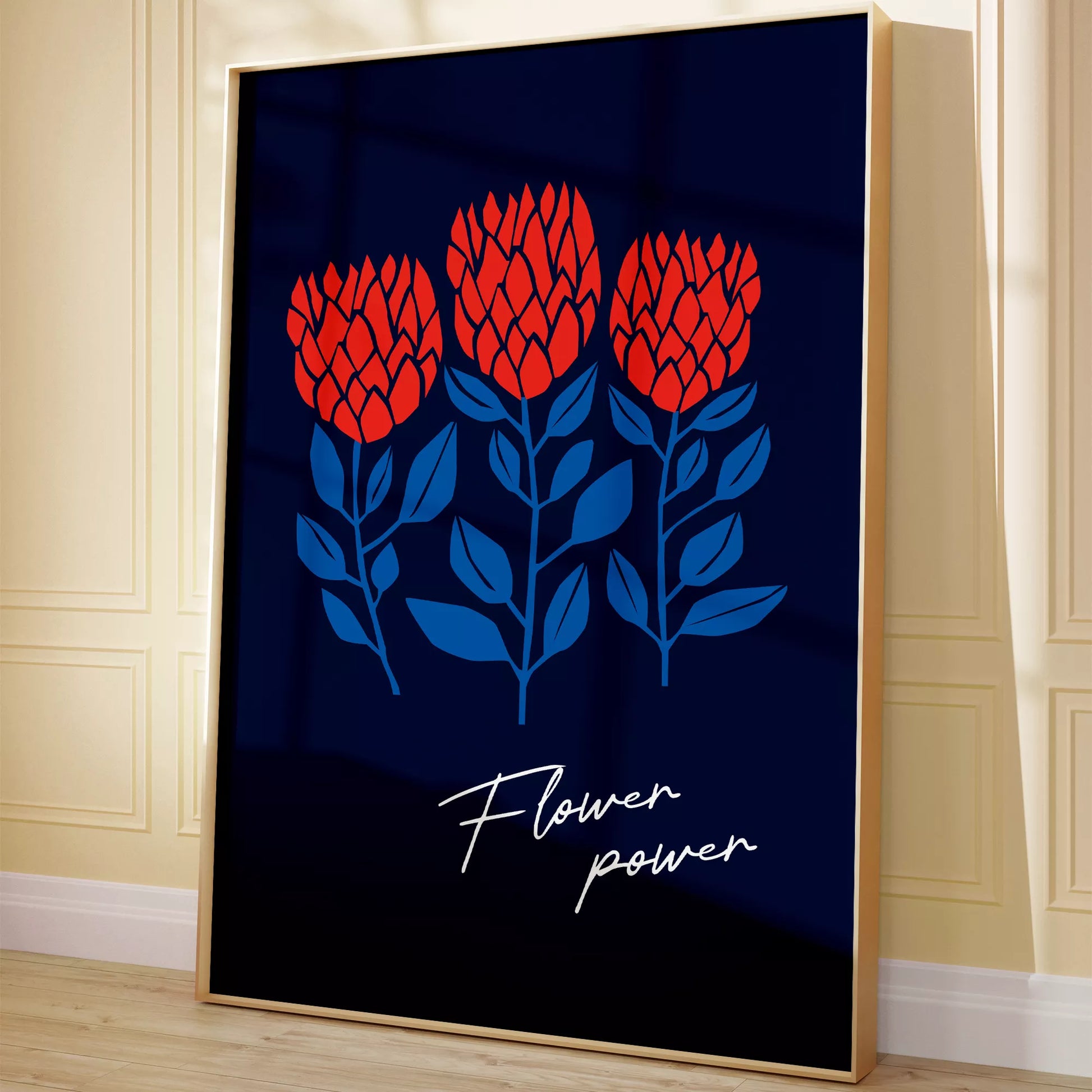 北欧ミニマルデザインのレッドフラワーアートポスター ネイビーバック